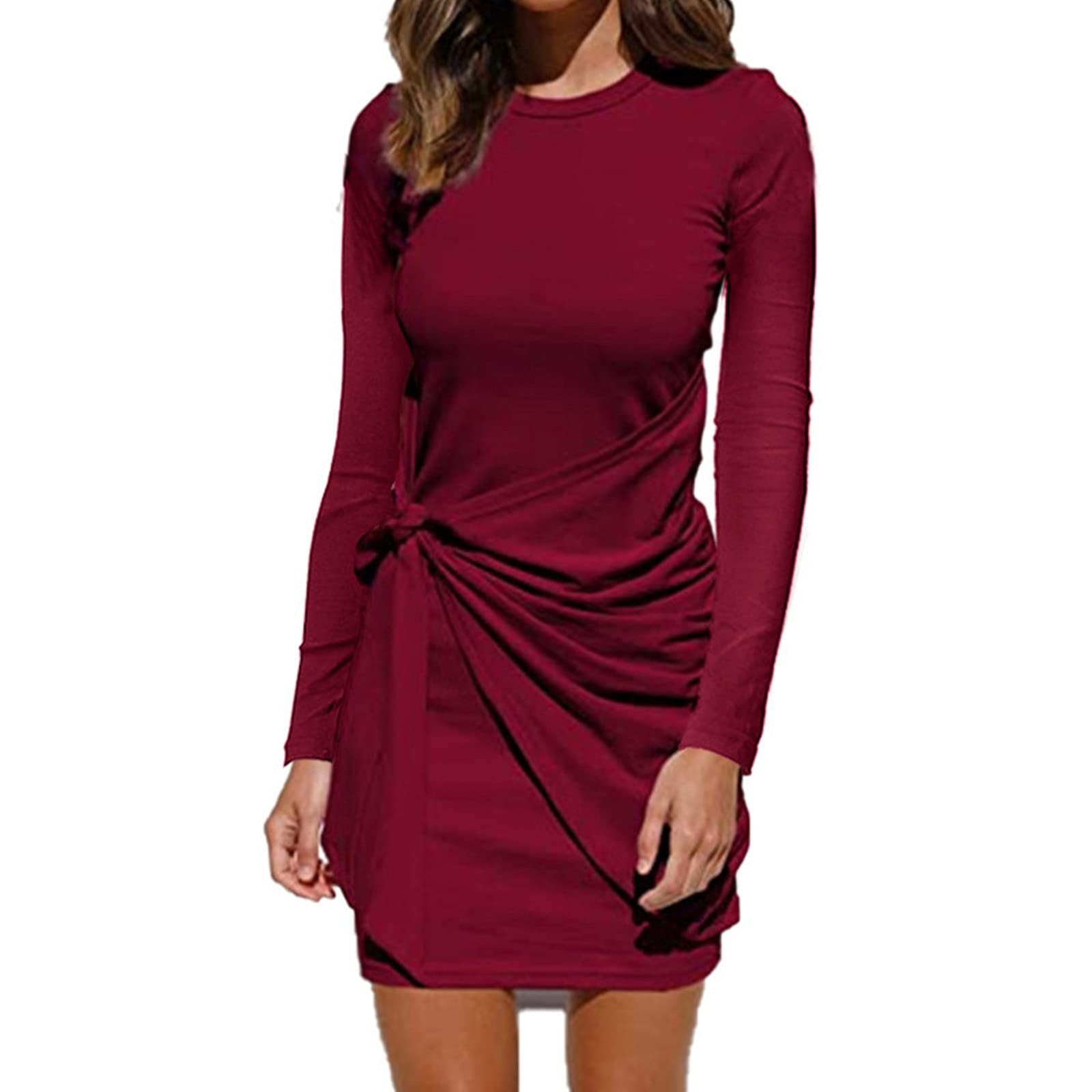 Lzmgsh Women's Long Sleeve Crewneck Ruched Tie Waist Mini Dress - Solid Color Bodycon Dress for Party, Date Night & Office Wear