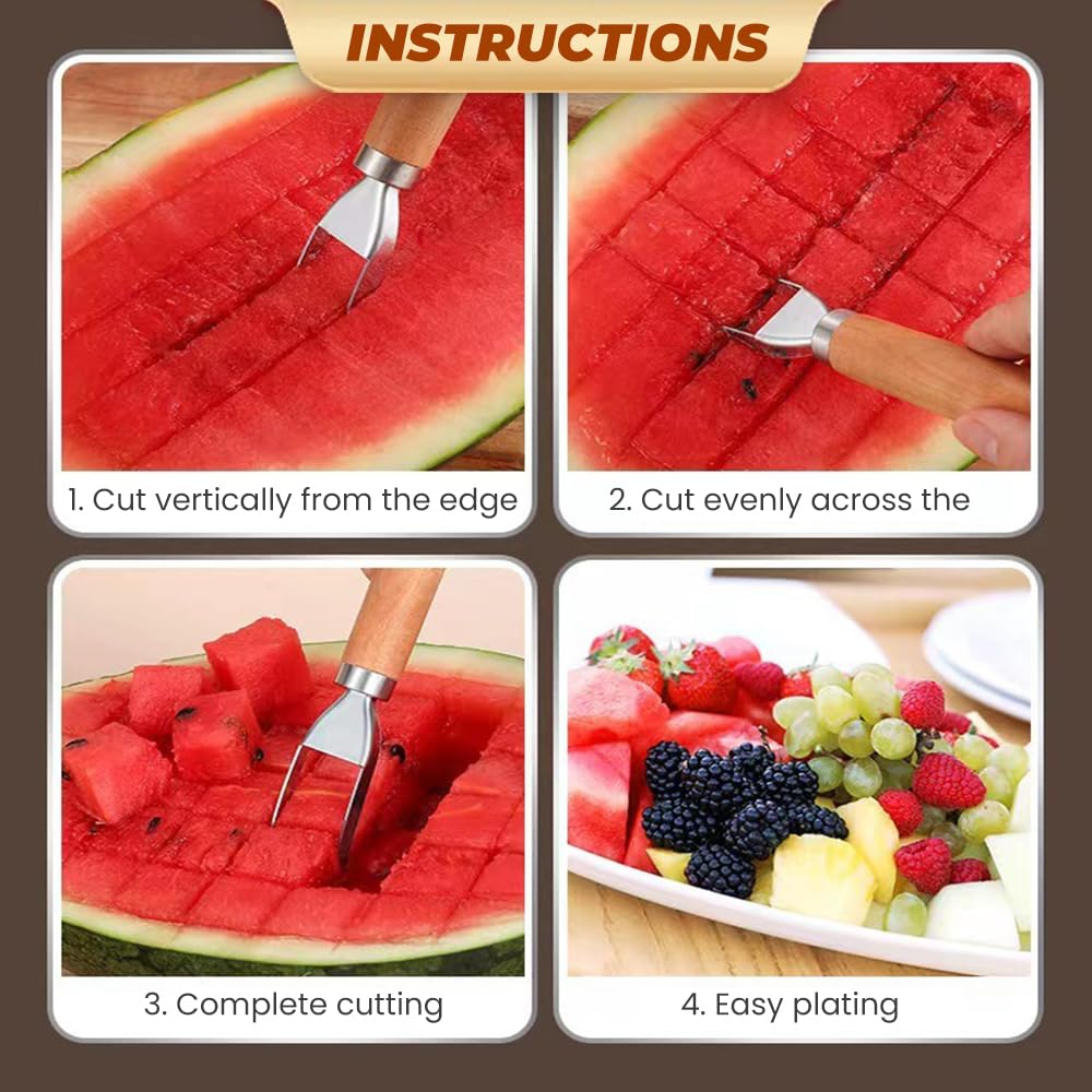 Premium Stainless Steel Fruit Cutter with Wooden Handle - Melon Baller, Cube Cutter & Carving Tool Set for Watermelon, Cantaloupe & Kitchen Fruits | Perfect for Fruit Salads, Party Platters & Creative Food Presentation