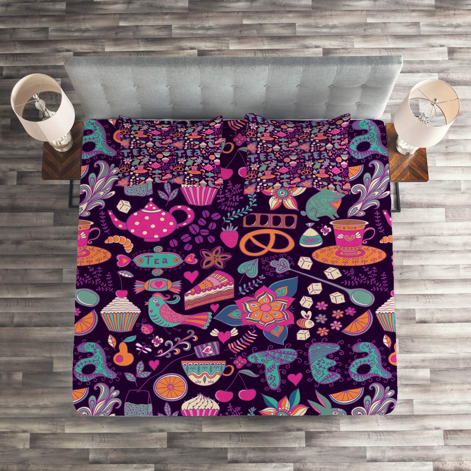 Ambesonne Tea Party Quilt Set - Vibrant Abstract Tea Cupcakes & Teapots Design, 3-Piece King Size Bedspread with 2 Pillow Shams | Perfect for Boho Bedroom Decor, Guest Room Styling & Tea-Themed Nursery