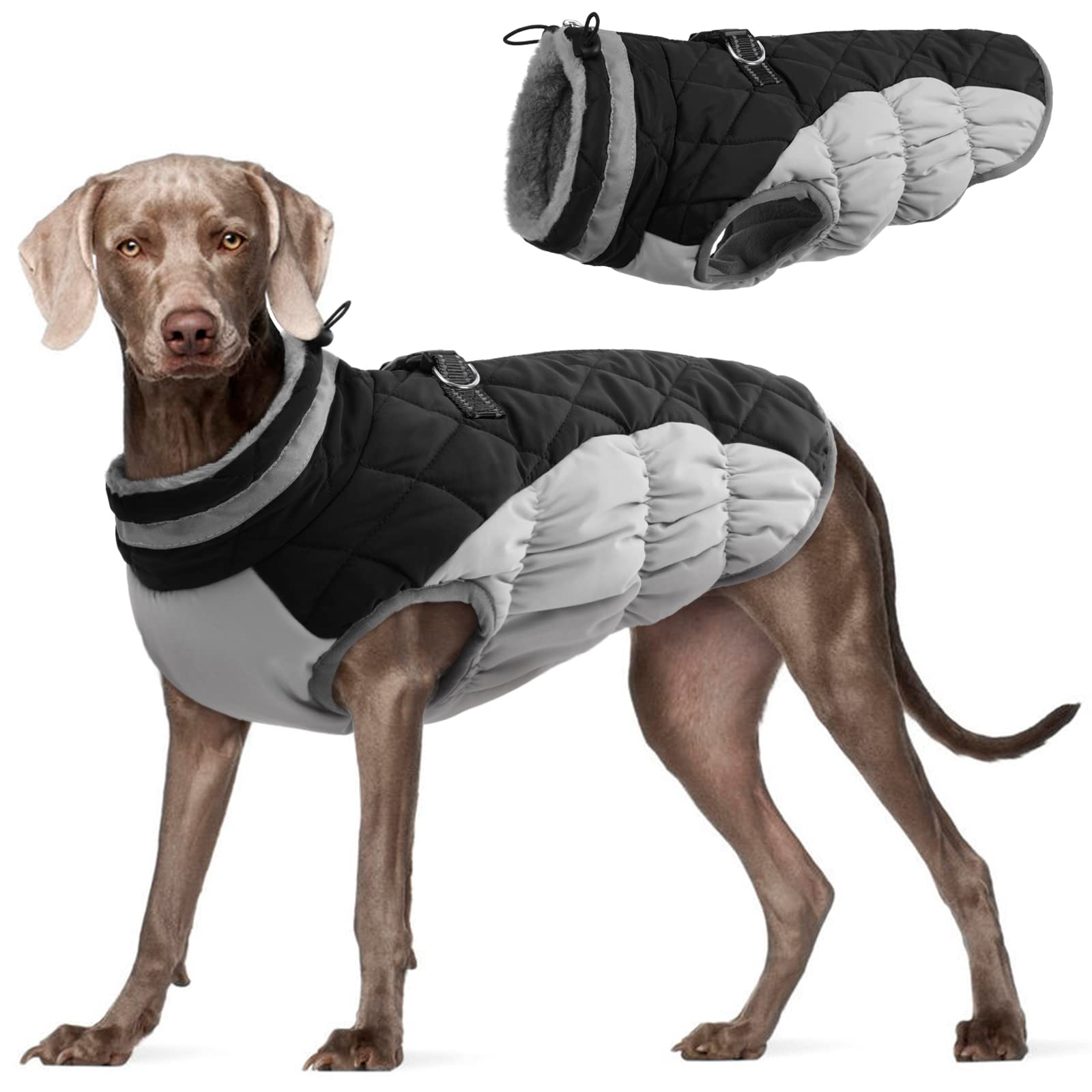 FUAMEY Winter Dog Coat - Warm Padded Fleece Vest with Reflective Strips, Built-in Harness & Waterproof Windproof Design for Cold Weather - Zipper Closure Snow Jacket for Large Dogs (Black, X-Large) - Perfect for Outdoor Walks, Hiking & Winter Adventures