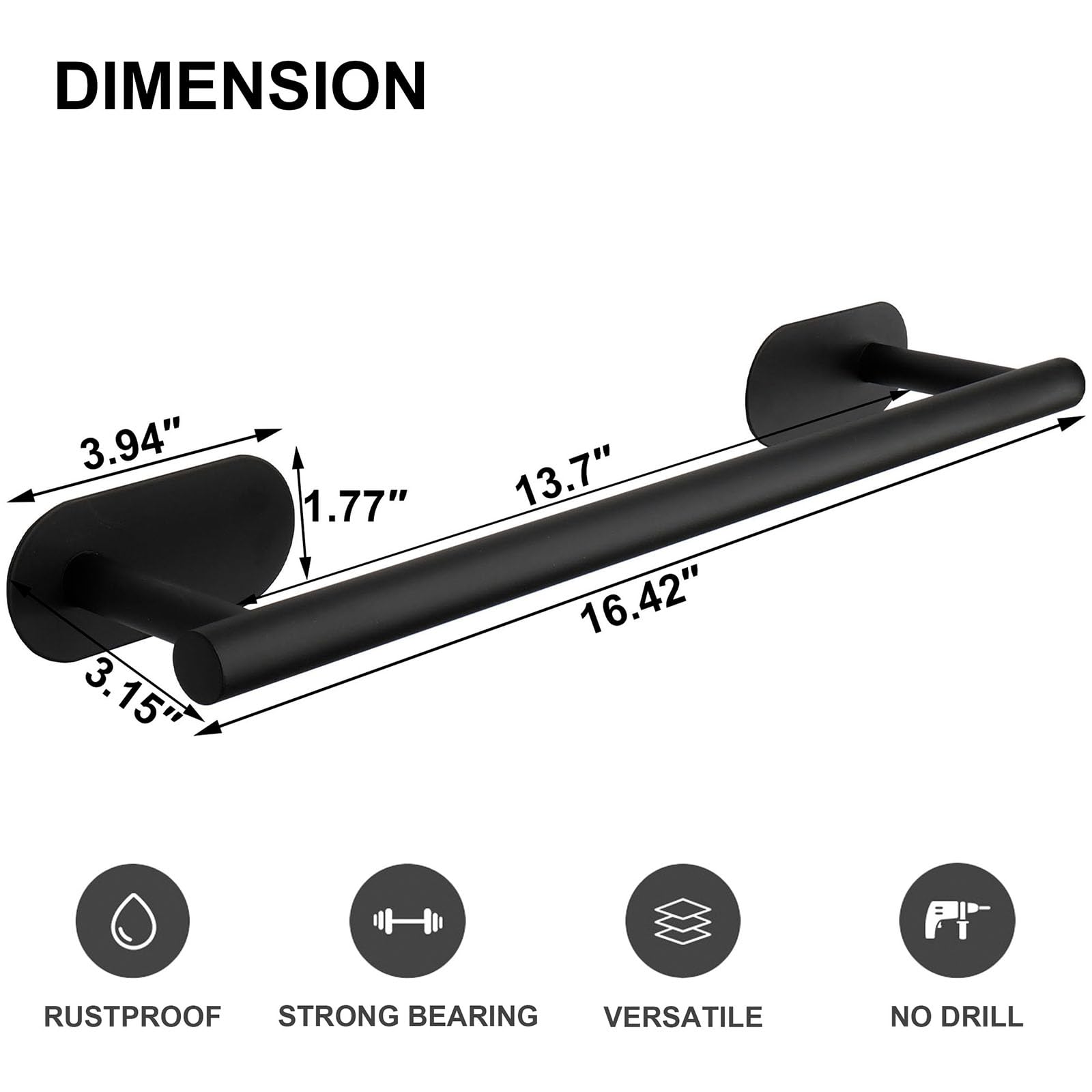 TocTen No Drill Adhesive Bathroom Towel Bar - 16 Inch Rustproof Stainless Steel Stick-On Towel Rack for Bathroom, Kitchen & RV - Matte Black Easy Install Damage-Free Towel Holder for Showers, Spas & Small Spaces