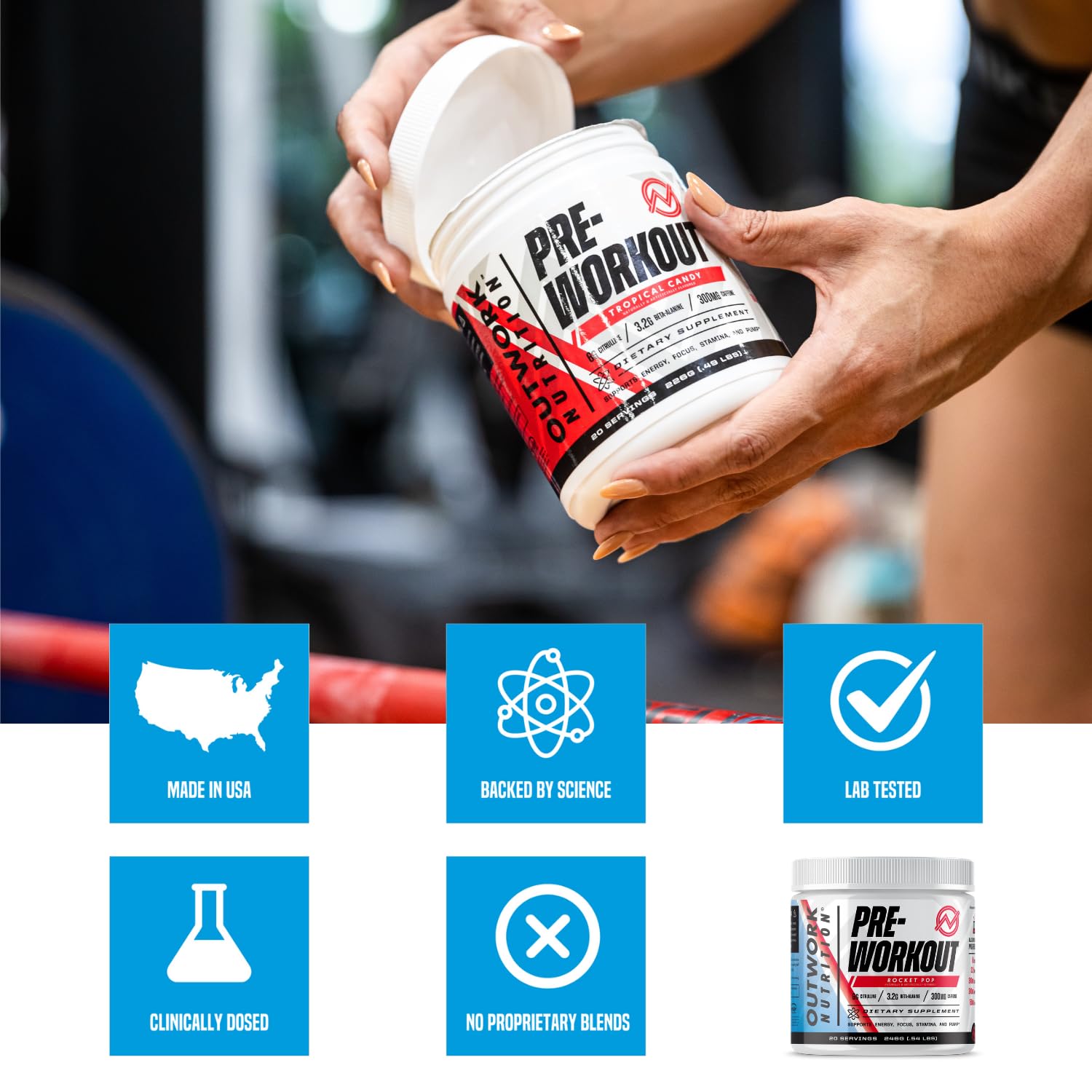 Outwork Nutrition Pre-Workout Powder for Men & Women - Caffeine, Citrulline Malate, Beta Alanine | No Creatine Formula with Nootropics | Energy & Focus Boost for Gym, Running & Fitness Training (Rocket Pop Flavor)