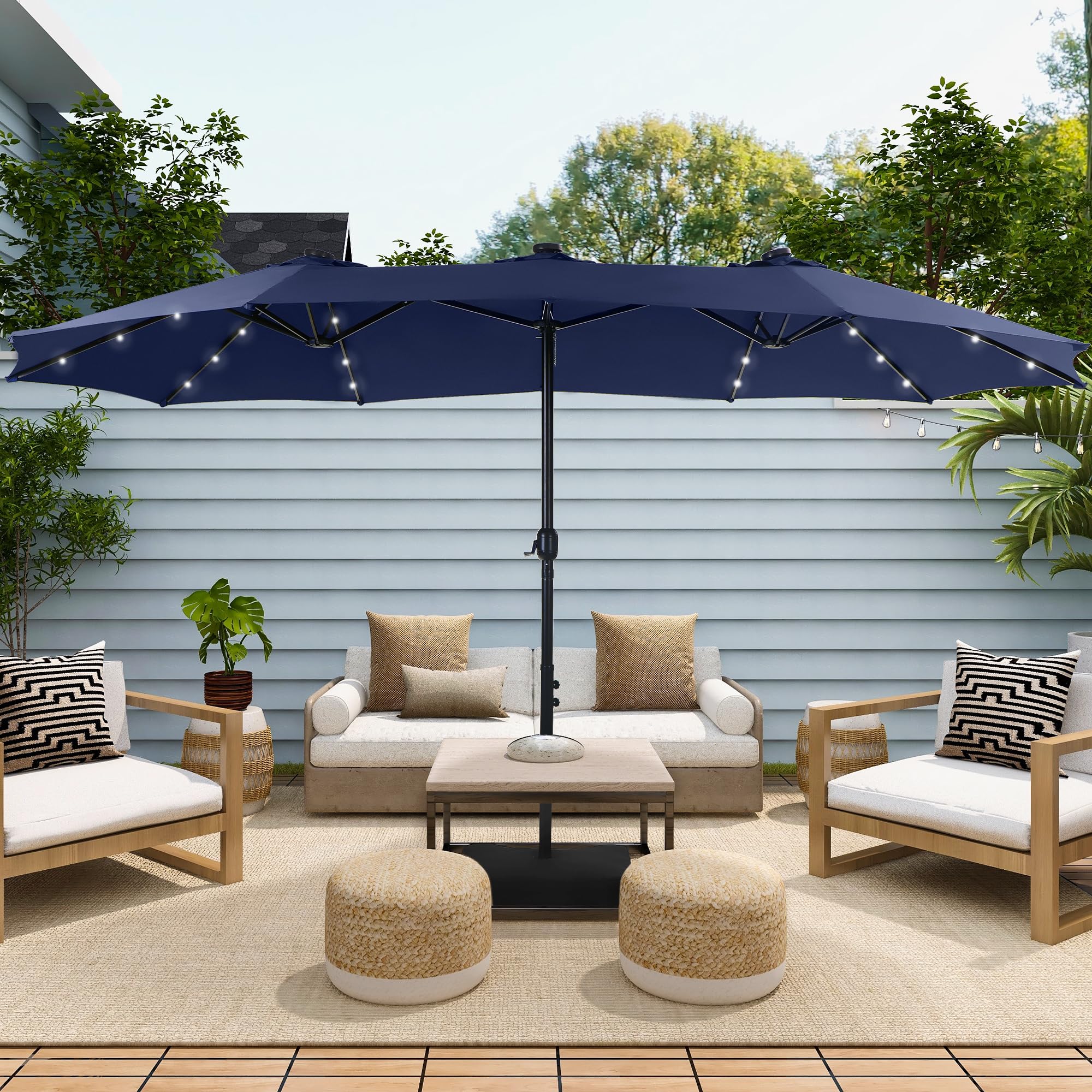 15 ft Extra Large Rectangular Outdoor Patio Umbrella with Solar Lights & Base - Heavy Duty Double-Sided Market Umbrella for Pool, Garden, Backyard - Navy Blue | Perfect for Outdoor Dining, Lounging & Summer Parties