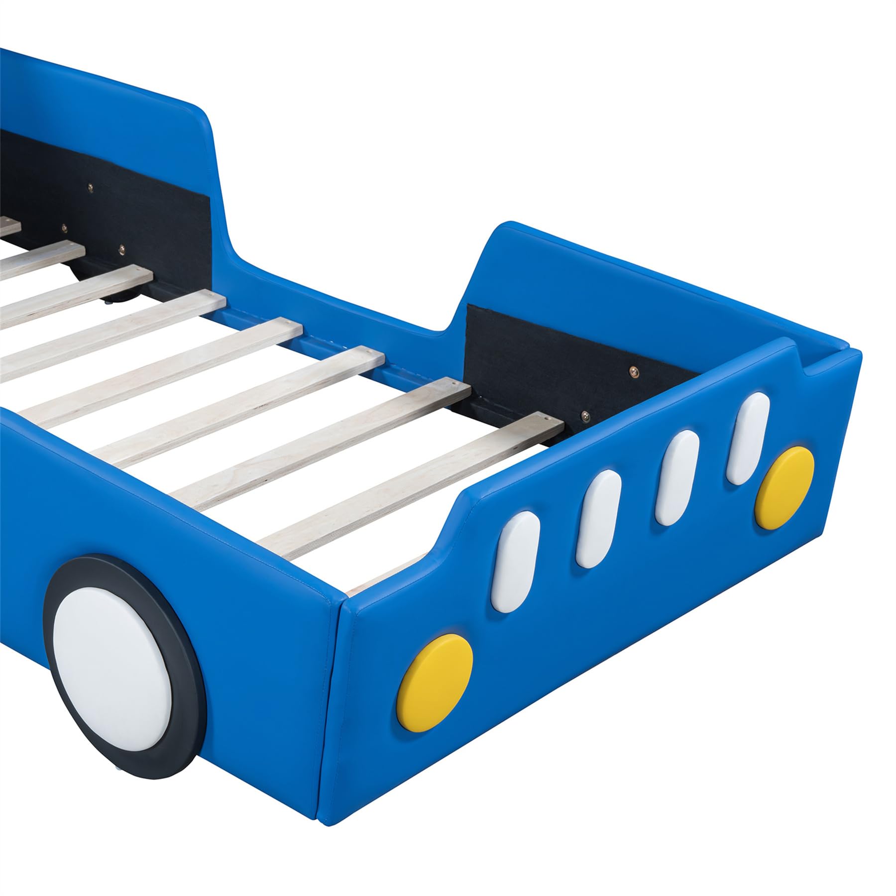 Merax Twin Size Race Car Platform Bed with Wheels - PU Leather Kids Bed Frame for Boys, Twin Size Car Bed with Headboard - Fits Standard Twin Mattress (Mattress Not Included) - Perfect for Kids' Bedroom, Playroom & Themed Decor