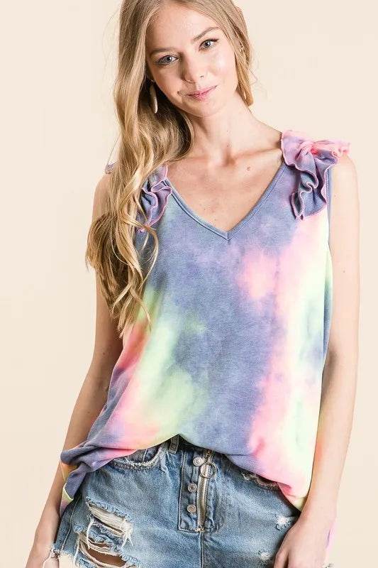 BiBi Tie Dye French Terry V-Neck Ruffle Top for Women | Soft Casual Blouse for Spring & Summer | Perfect for Beach Outings, Brunch Dates, and Weekend Wear