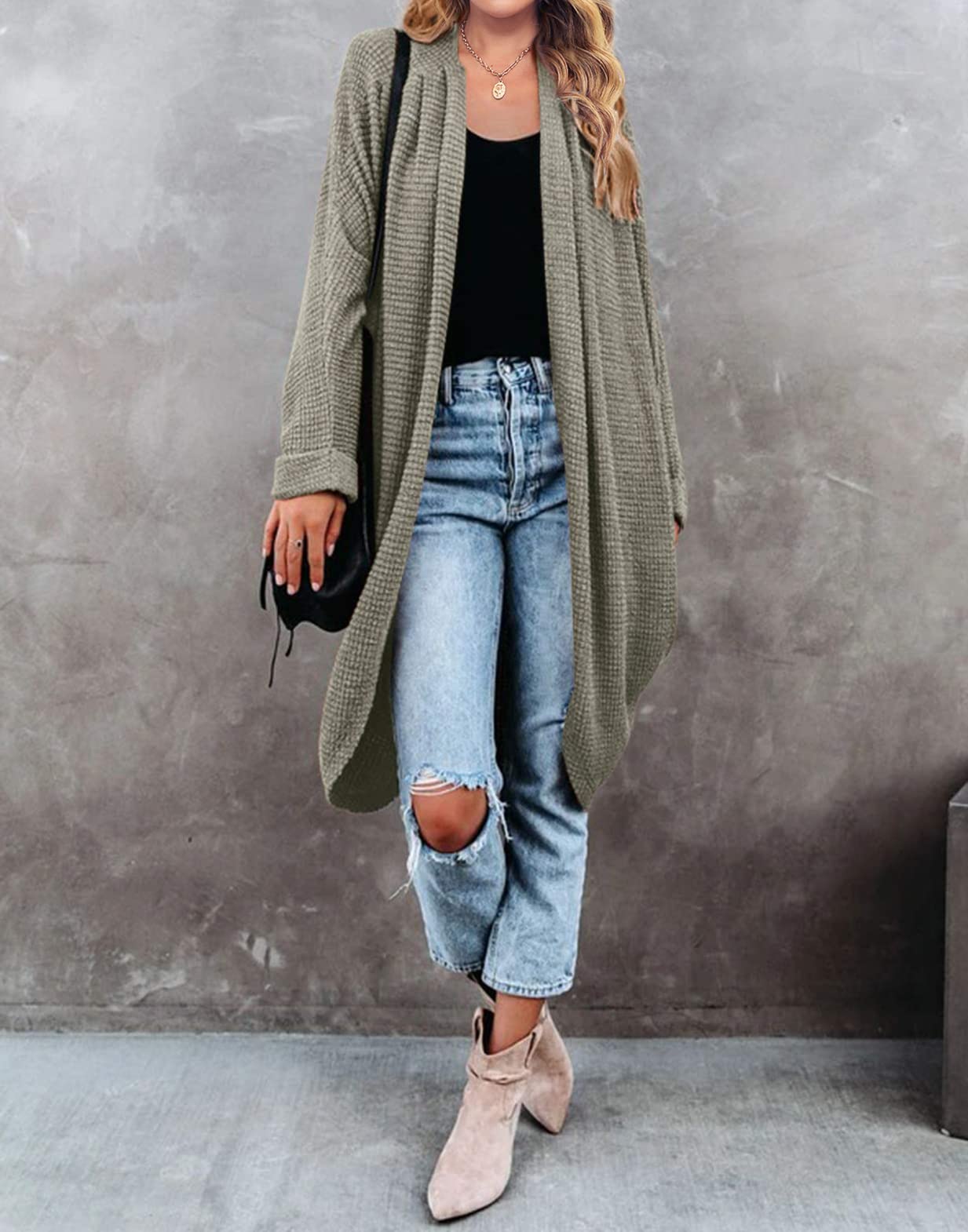 MEROKEETY Women's 2025 Fall Waffle Knit Batwing Long Sleeve Cardigan - Loose Open Front Sweater Coat for Casual Outfits, Office Wear & Autumn Layering