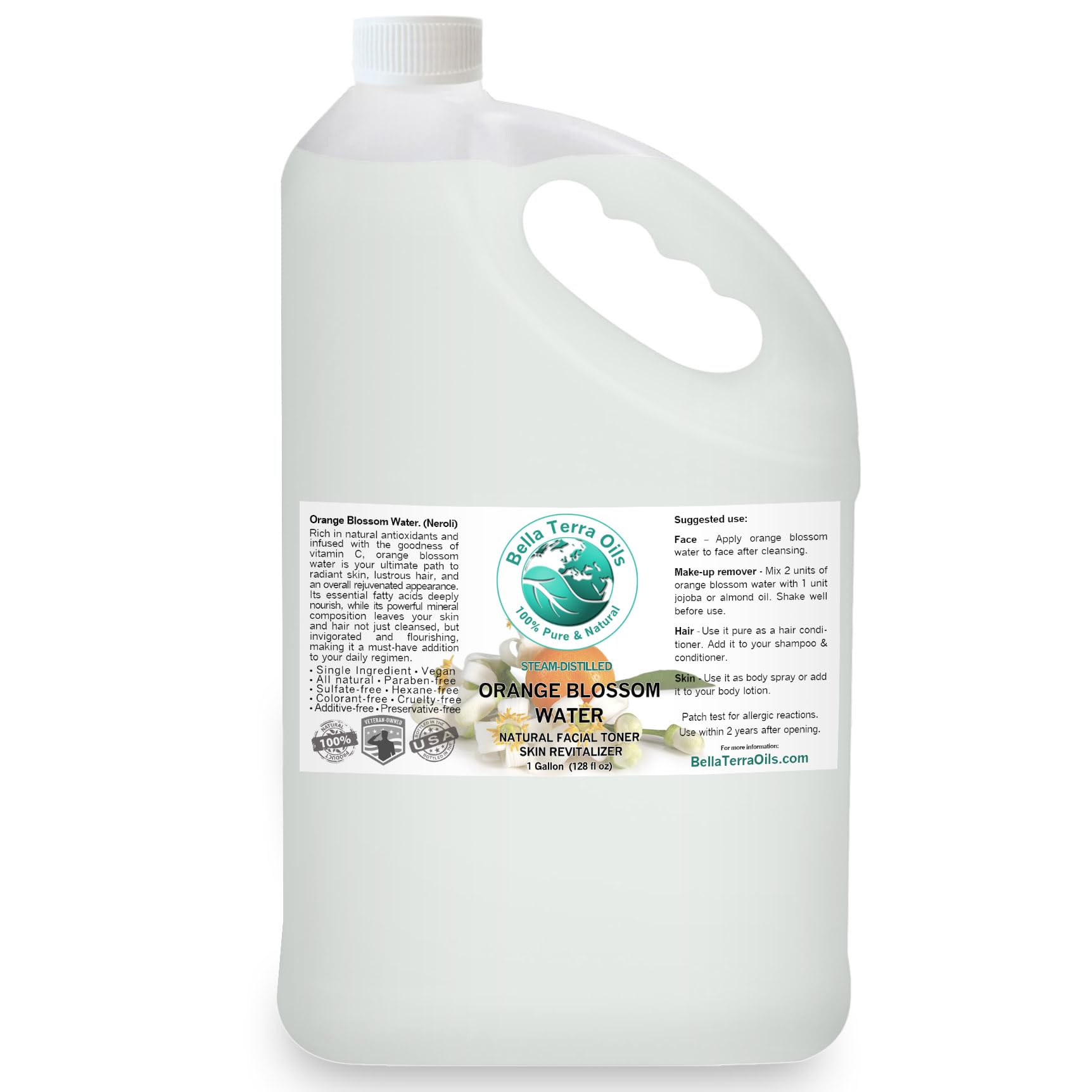 Bella Terra Oils Orange Blossom Water (Neroli Hydrosol) - 1 Gallon Natural Skin Refresher for Radiant Glow, Pure Aromatherapy Hydrosol | Perfect for Facial Toner, DIY Skincare & Relaxing Baths