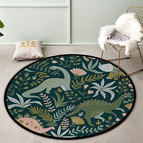 Cartoon Dinosaurs Tropical Leaves Flowers