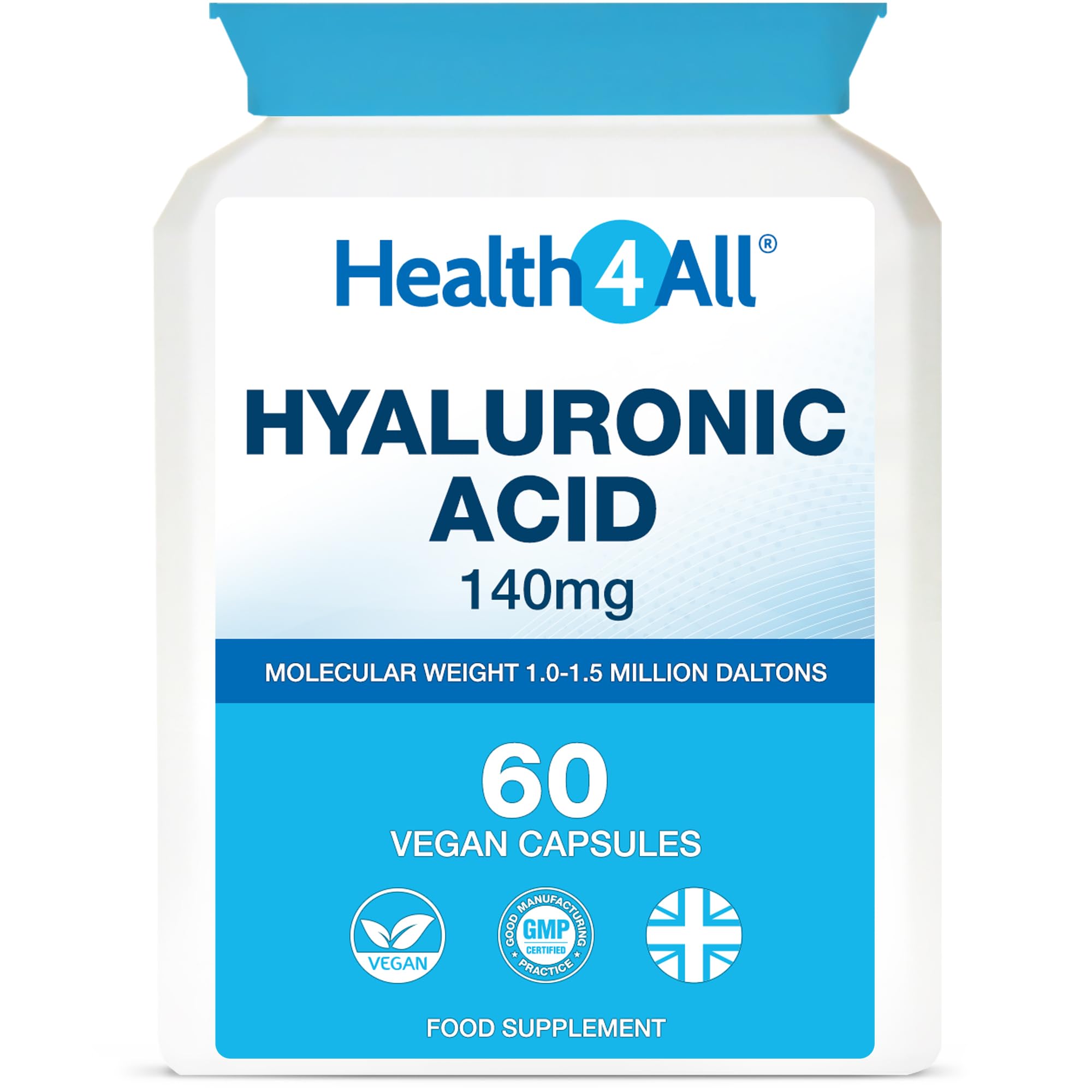 Health4All Hyaluronic Acid 140mg 60 Capsules - High Molecular Weight 1.0-1.5 Million Daltons for Skin Hydration, Hair Growth & Joint Support | Vegan Supplement for Anti-Aging & Beauty Care | Perfect for Daily Wellness Routine & Active Lifestyle