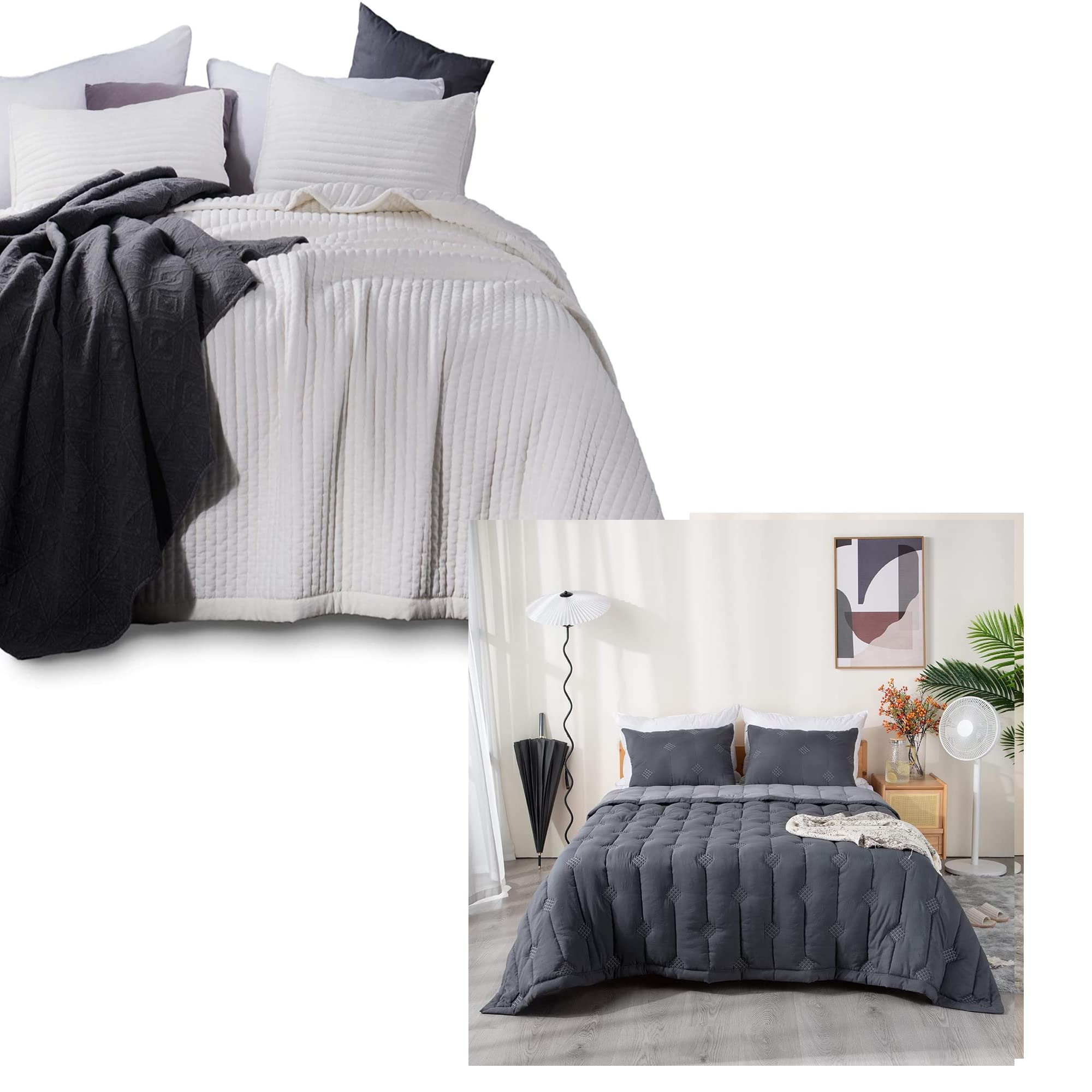 Luxury Ivory King Quilt Set with Dark Grey Comforter - Premium Bedding for Master Bedroom, Guest Room & Cozy Home Decor