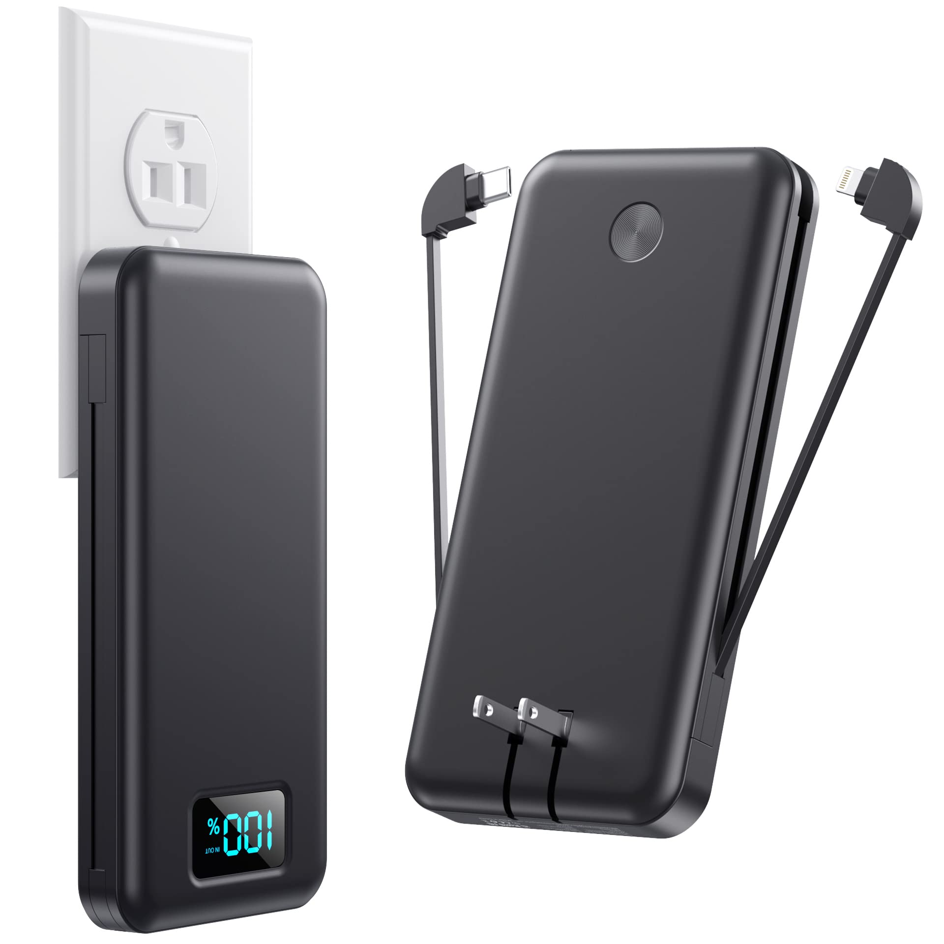 13800mAh Portable Charger with Built-in USB-C/Lightning Cables & AC Wall Plug - Fast Charging Power Bank with LCD Display for iPhone 16/15/14/13, Samsung Galaxy, Android Phones - Perfect for Travel, Camping & Emergency Power Backup
