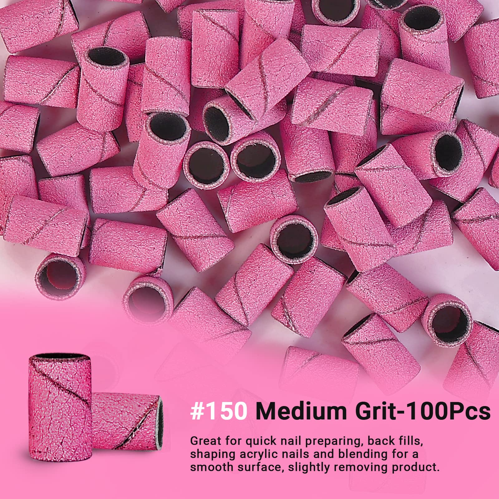 MelodySusie 100 Pcs Nail Drill Bits Sanding Bands - 150 Medium Grit Nail File Sanding Bands for Acrylic Nails, Gel Manicures & Pedicure | Professional Nail Art Tools for Salon & Home Use