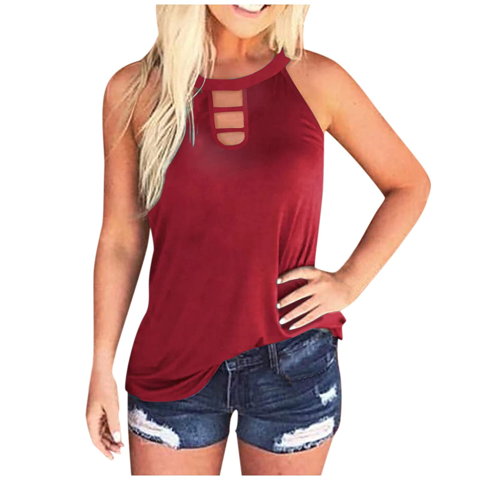 Women's Summer Beach Tops - Sleeveless Halter Hollow Out Cami Tank Tops with Cut Out Neck | Floral Print Casual Blouse & T-Shirt for Vacation, Pool Party, and Outdoor Activities