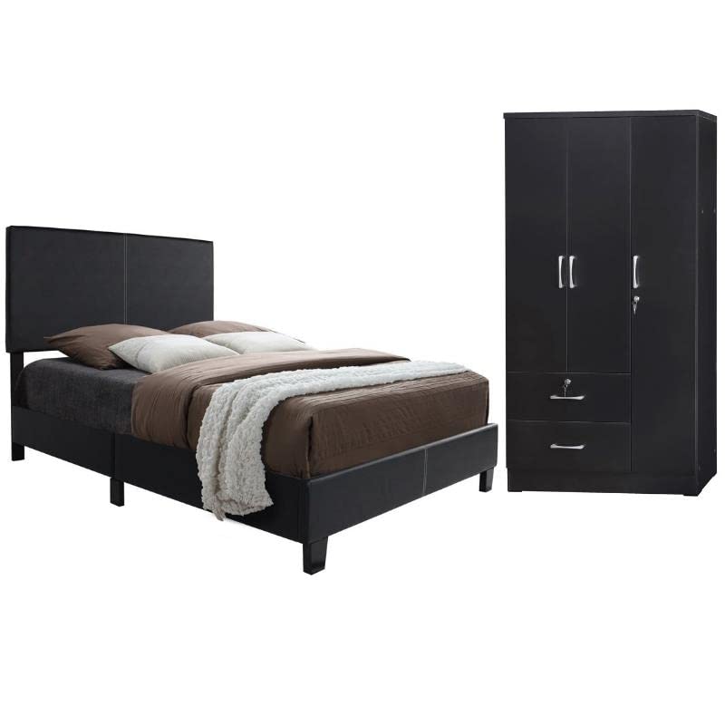Home Square 2-Piece Twin Panel Bed & Wardrobe Armoire Closet Set in Black - Perfect for Small Bedrooms, Guest Rooms & Studio Apartments