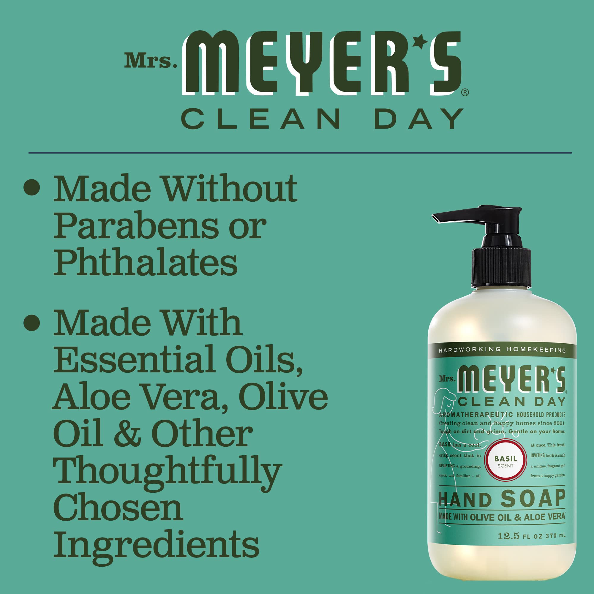 Mrs. Meyer's Clean Day Hand Soap Refill - 33 fl oz Biodegradable Liquid Soap with Basil Essential Oils | Eco-Friendly Kitchen & Bathroom Soap Dispenser Refill for Home & Office Use