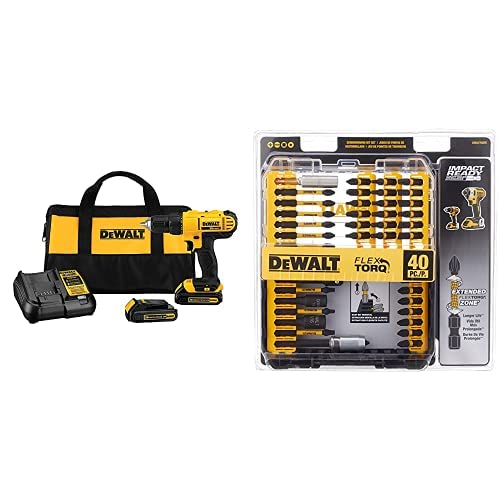 DEWALT DCD771C2 20V MAX Cordless Lithium-Ion 1/2 Inch Compact Drill Driver Kit with 40-Piece IMPACT READY FlexTorq Screw Driving Set - Perfect for Home Improvement, Woodworking & DIY Projects