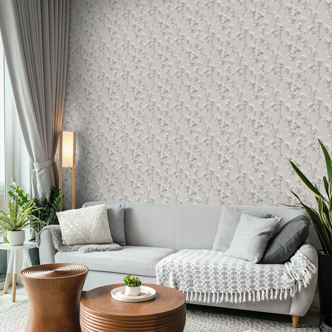 Gray Blossom Flowers Wallpaper W151 - Floral Peel and Stick Wallpaper for Bedroom, Living Room, Nursery Decor | Self-Adhesive Removable Wallpaper