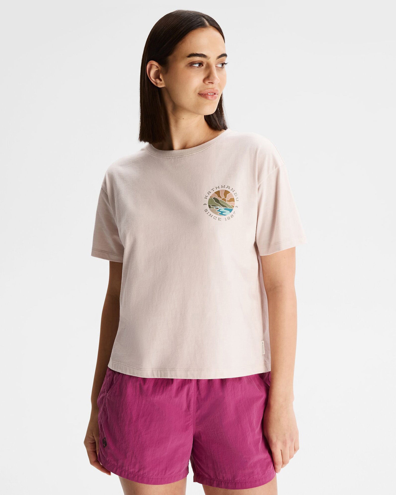 Women's Kathmandu Logo Sunburst Organic Cotton T-Shirt - Eco-Friendly Casual Tee for Hiking, Travel & Everyday Wear