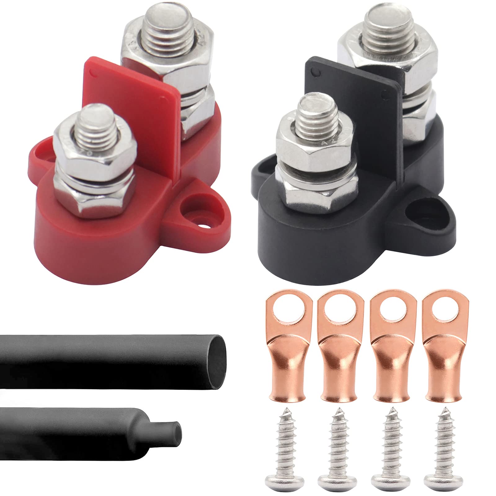 Dual Isolated Stud Battery Power Distribution Terminal Block - M10 & M8 Black & Red - Max 48V DC - Positive Insulated Junction Post for Auto, Marine, Car, Trailer, RV, Boat - Perfect for Off-Road Vehicles & Solar Power Systems