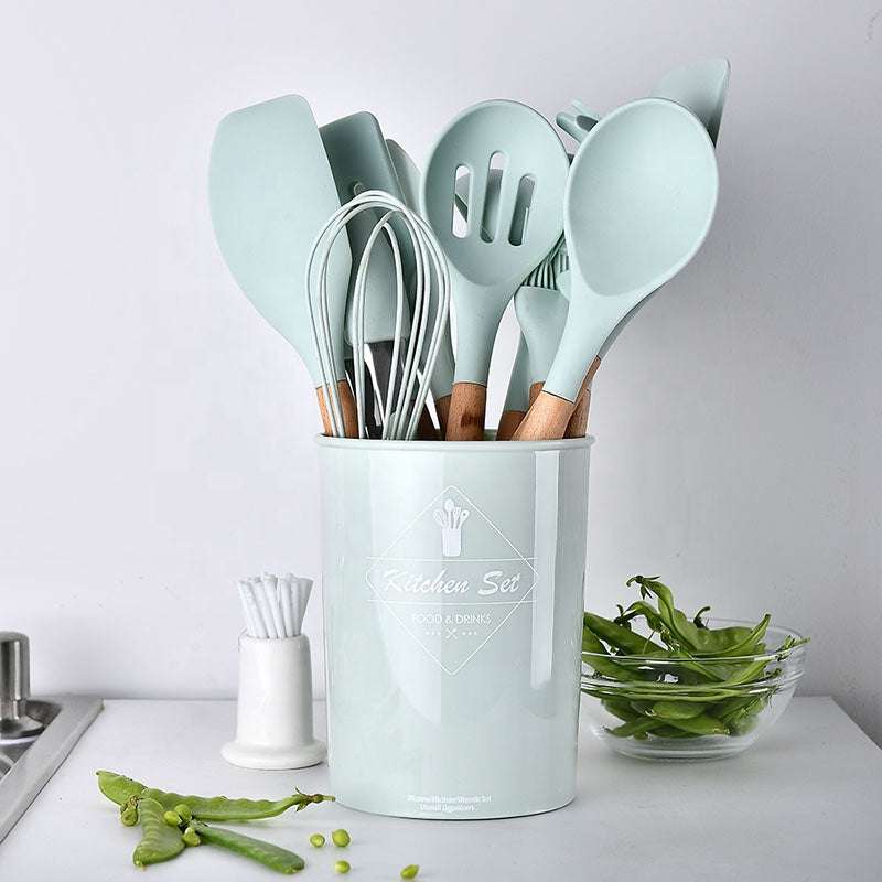 12-Piece Non-Toxic Silicone Cooking Utensil Set - Heat Resistant Kitchen Spatula, Spoon & Tongs in Mint Green - Perfect for Baking, Frying & Everyday Cooking