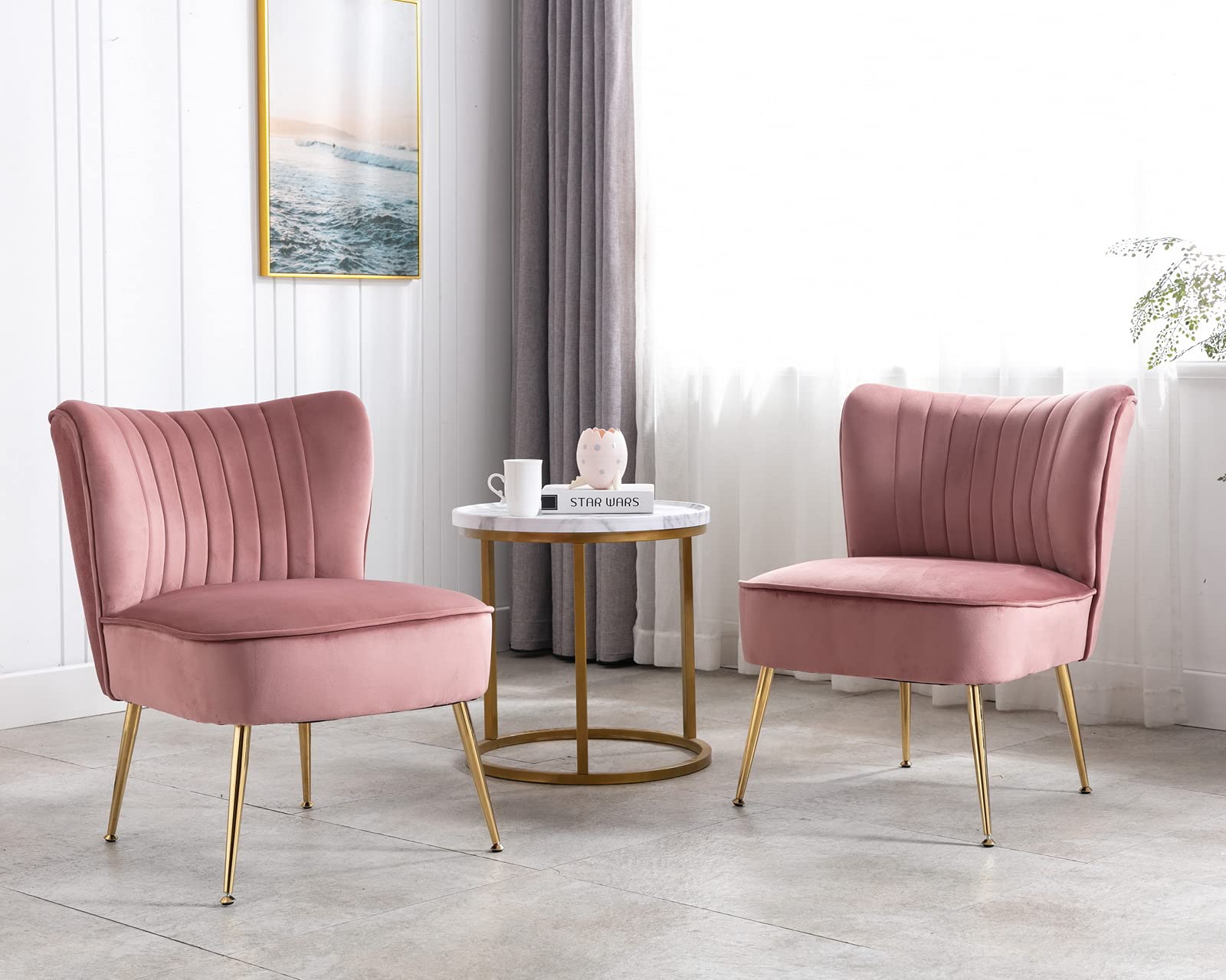 CIMOTA Velvet Accent Chairs Set of 2 - Modern Armless Slipper Chairs with Golden Legs, Wingback Design for Living Room, Bedroom & Office - Soft Pink Upholstered Lounge Seating for Reading Nook, Guest Room or Cozy Corner
