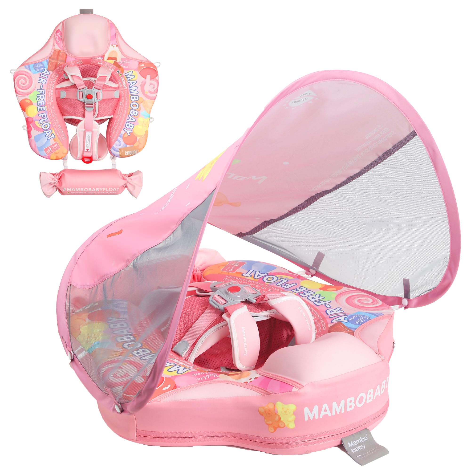 Mambobaby Baby Swimming Float with Removable Canopy - Non Inflatable Safety Pool Float for Toddlers 3-24 Months, Soft Skin-Friendly Material with Upgraded Tail Design - Perfect for Beach, Pool & Water Play (Candy Color)