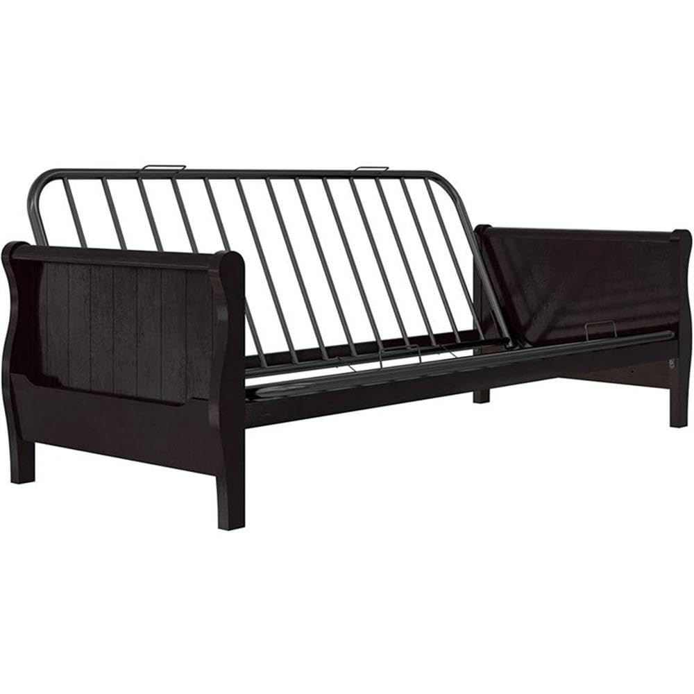 Pemberly Row Espresso Wood Futon Frame with Storage - Space-Saving Sleeper Sofa for Small Apartments, Guest Rooms & Dorm Living
