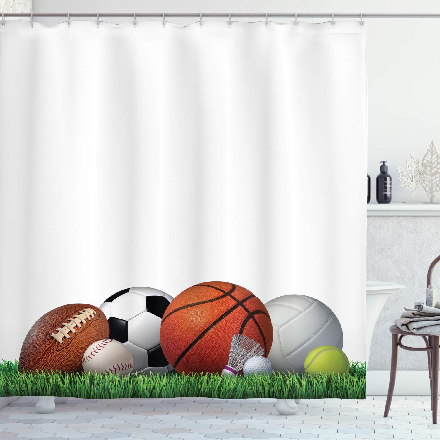 Ambesonne Sports Themed Shower Curtain - Fitness Equipment Print on Grass, Extra Long 84 Inch Cloth Fabric Bathroom Decor with Hooks, Burnt Sienna | Perfect for Gym Lovers, Athletes & Outdoor Enthusiasts