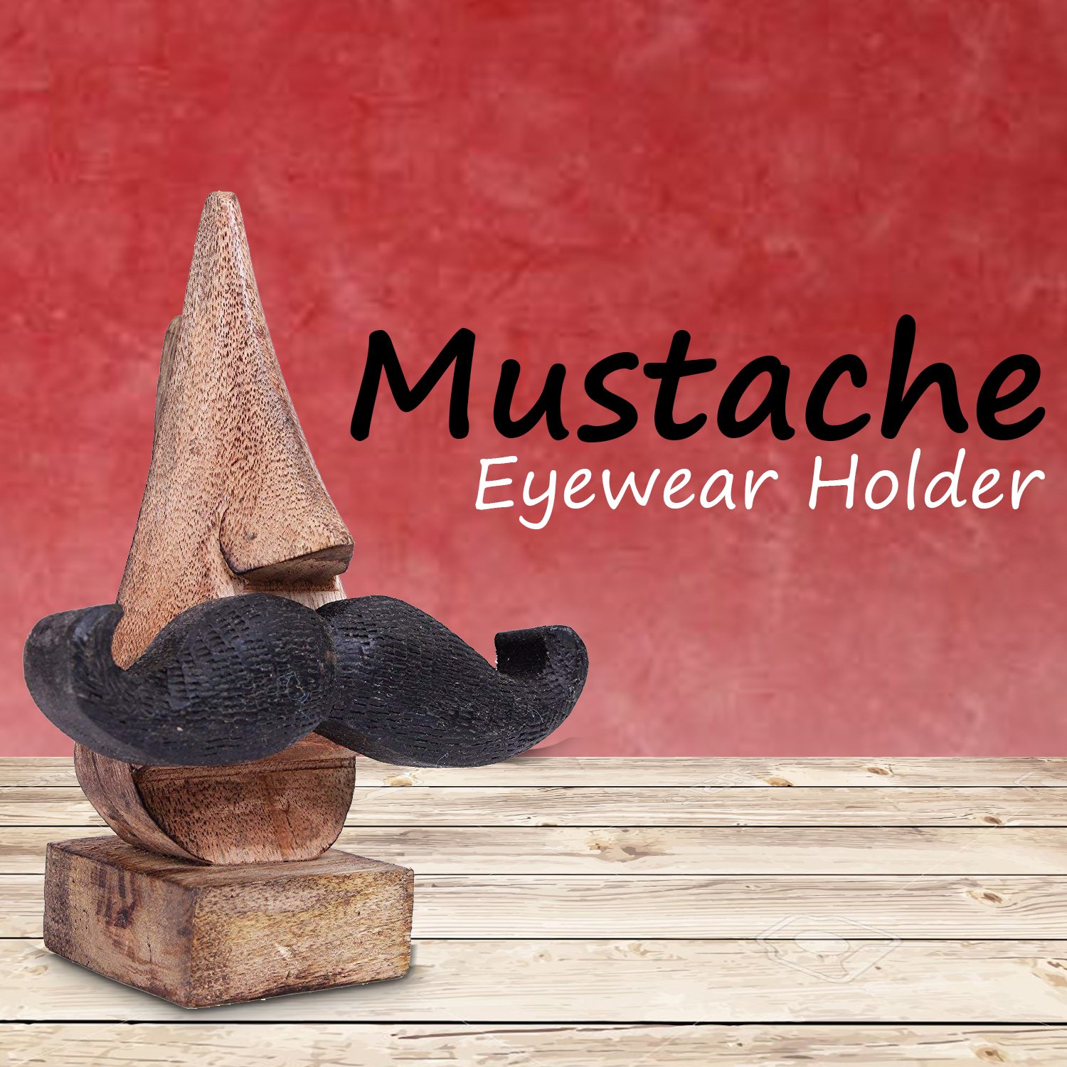 Wooden Glasses Holder with Mustache Design - 6 Inch Brown Eyeglass Stand for Desk, Bathroom or Nightstand - Perfect Easter, Mother's Day & Good Friday Gift for Men & Women