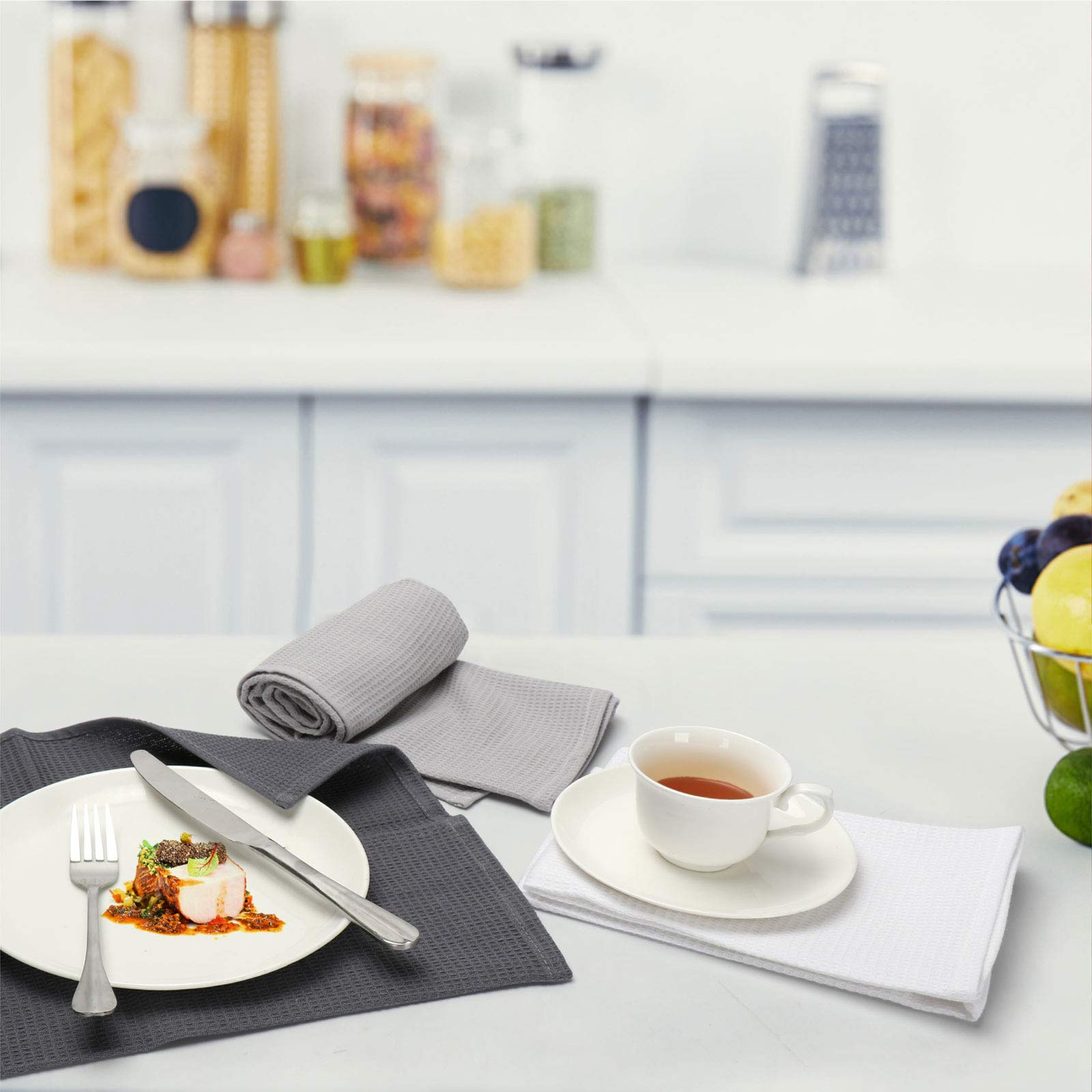 Jennice House Cotton Waffle Weave Dish Towels Set - Ultra Soft Absorbent Kitchen Hand Towels (Set of 3, Gray) - Perfect for Washing Dishes, Drying Hands & Decorating Your Modern Kitchen