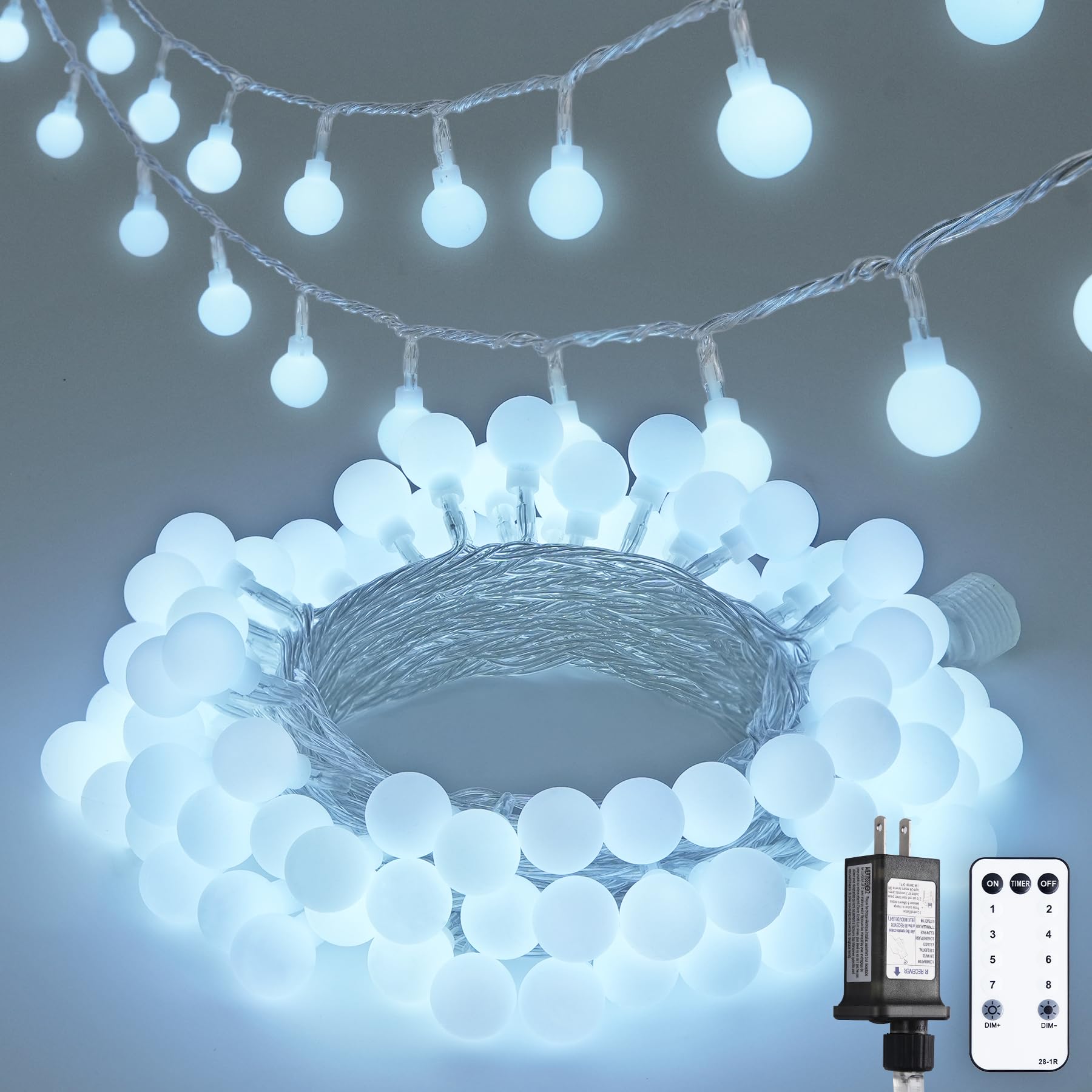 JMEXSUSS 100 LED Connectable Globe String Lights - 33 ft White Plug-in Fairy Lights with Remote & 8 Modes - Indoor/Outdoor Christmas Decor for Bedroom, Wedding, Party, Garden, Patio, and Holiday Lighting