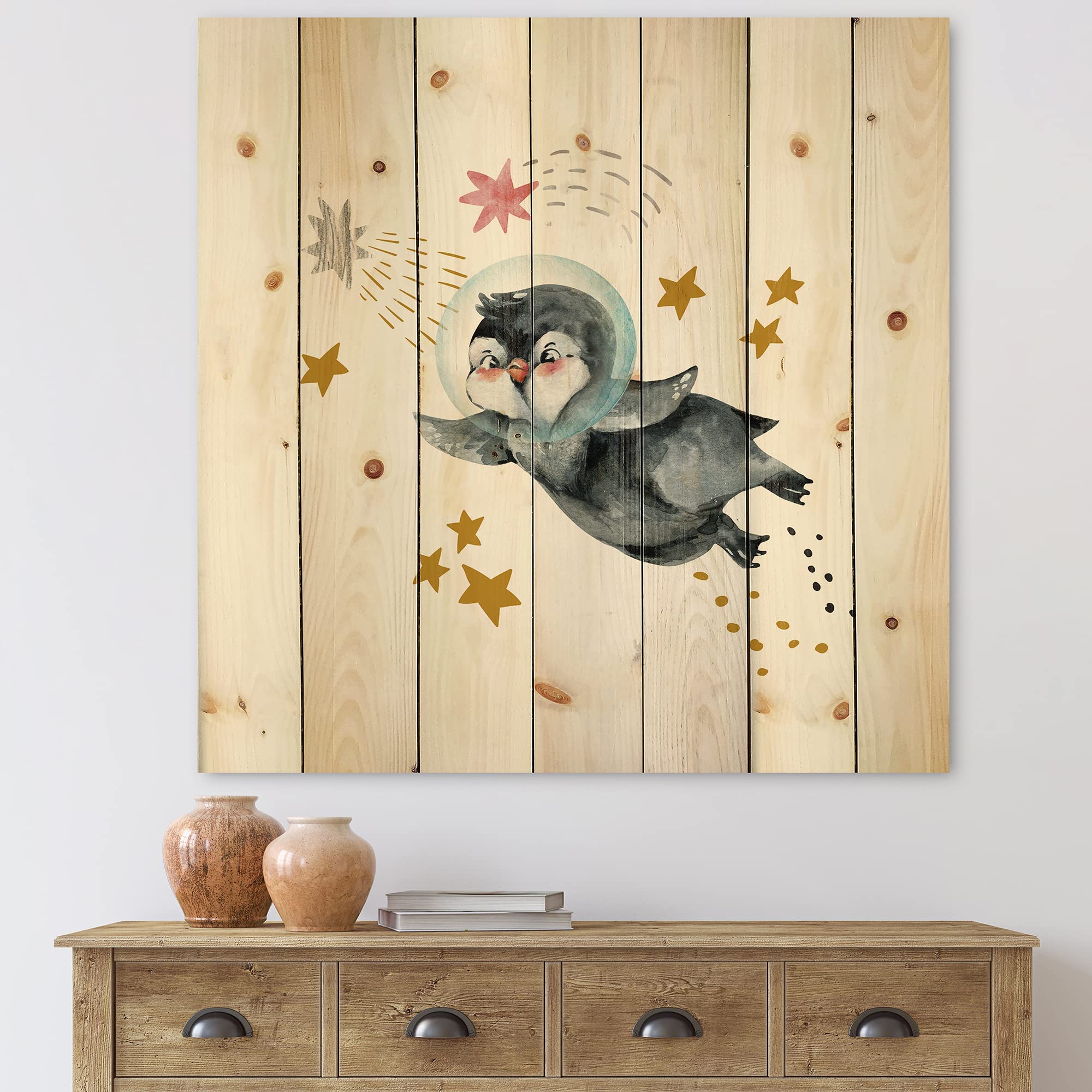 Little Penguin Flying Stars and Planets I - Farmhouse Style Wall Art Print on Natural Pine Wood | Nursery Decor, Kids Room Decoration, Unique Gift Idea