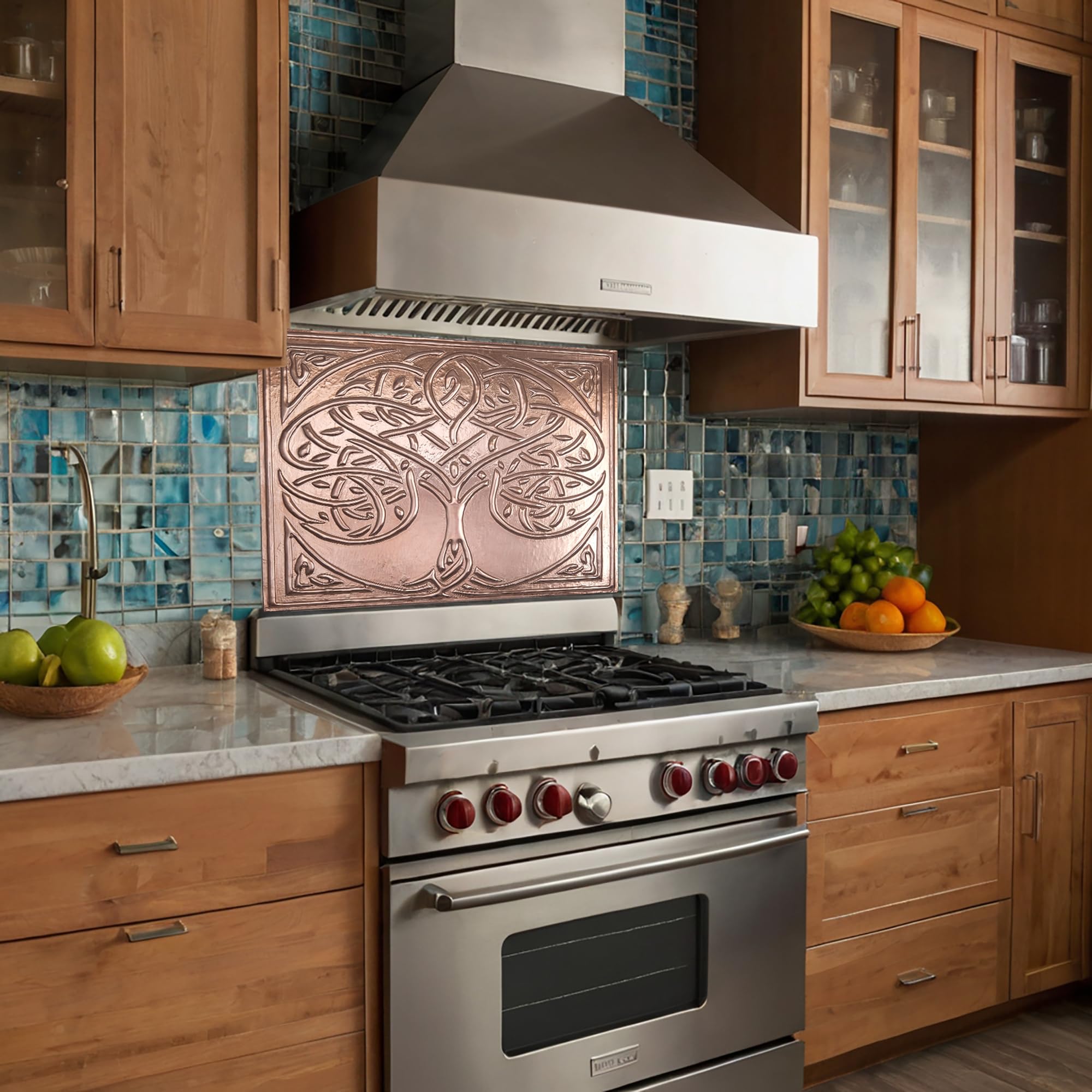 Handmade Copper Kitchen Backsplash - Celtic Tree of Life Design, Rustic Wall Decor Tile Art for Farmhouse & Modern Kitchens | Waterproof & Easy to Clean Backsplash Panel for Stove, Sink & Countertop Protection