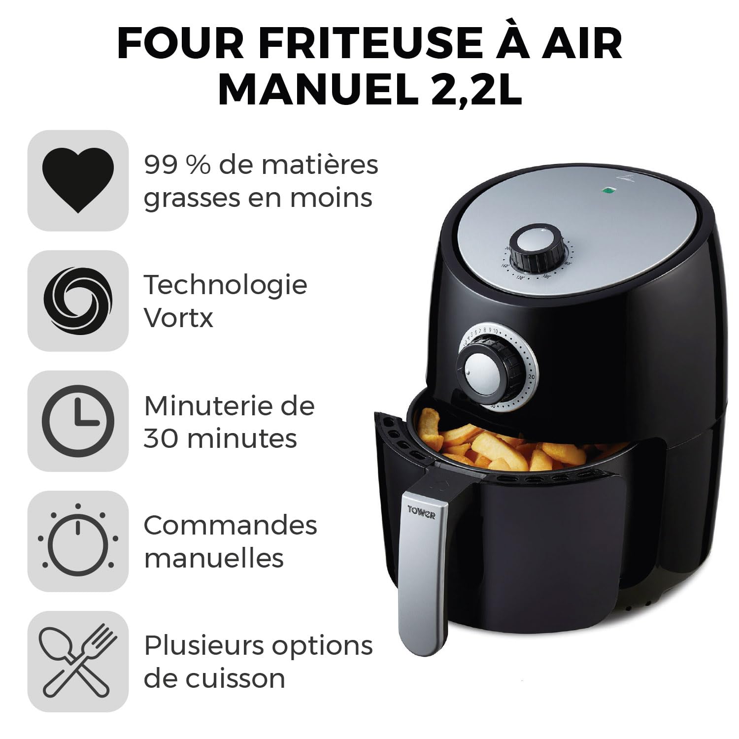 Vortex Air Fryer 2.2L - Oil Free Electric Air Fryer with Rapid Air Circulation, 30-Minute Timer, Manual Control - Perfect for Healthy Cooking, Frying, Baking & Roasting - Black (T17023)