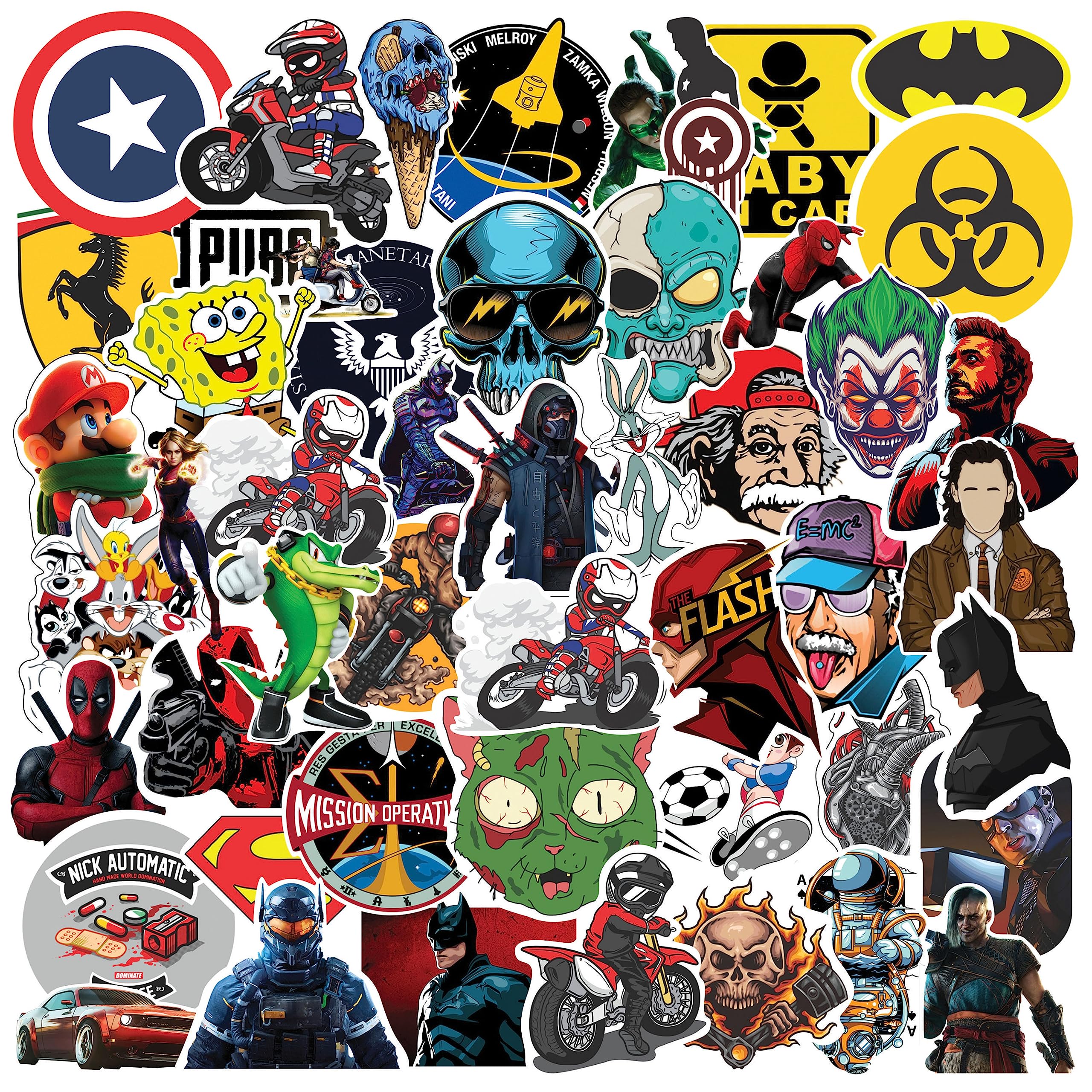 Waterproof Vinyl Superhero Stickers - 50 Pack Self-Adhesive Decals for Laptop, Car, Motorcycle, Guitar, Skateboard, Luggage & DIY Crafts - Perfect for Customizing Tech Devices, Vehicles & Scrapbooking