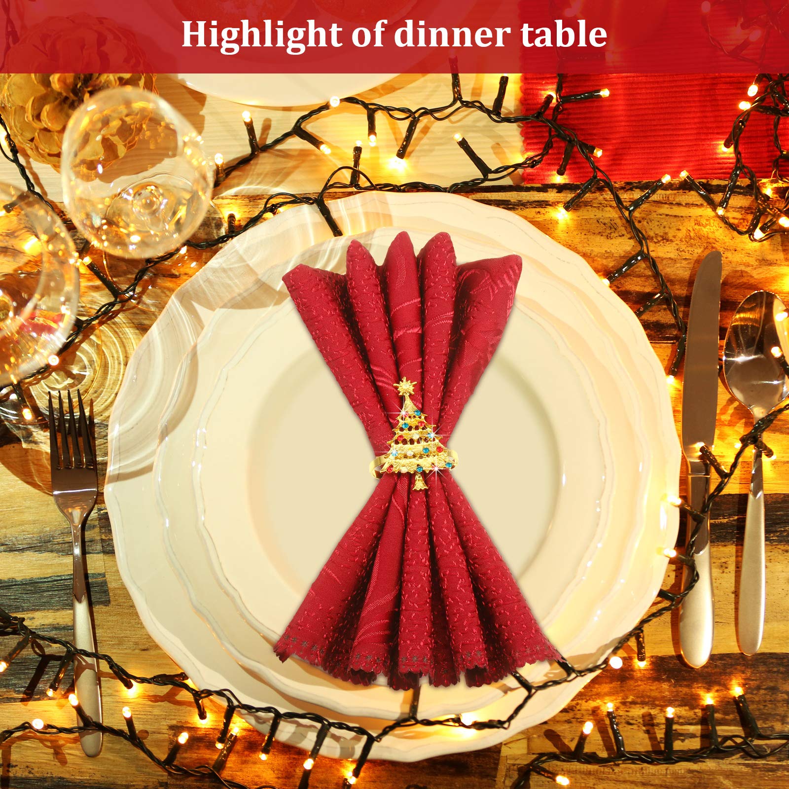 Outus Set of 12 Christmas Tree Metal Napkin Rings - Gold Xmas Holiday Dinner Decor for Christmas Party, Wedding & Festive Table Settings
