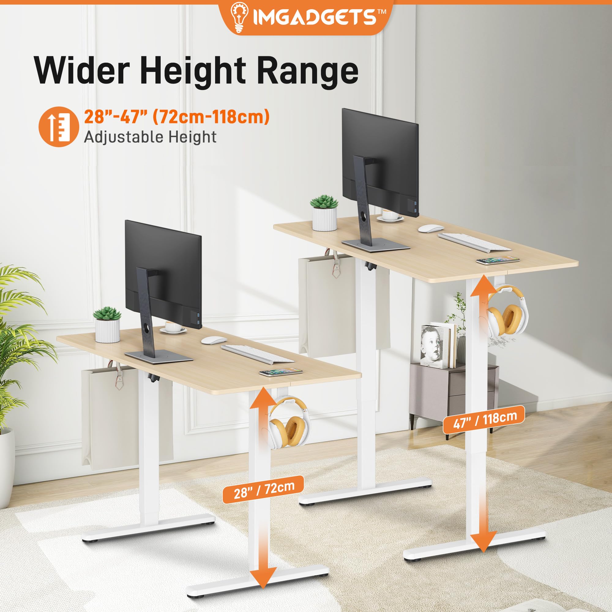 IMGadgets 47 x 24 Inches Electric Standing Desk - Height Adjustable, 5th Gen Quiet Motor, Ergonomic Sit Stand Desk for Home Office with Memory Buttons, LED Display & 2 Headphone Hooks | Perfect for Remote Work, Gaming & Study Spaces