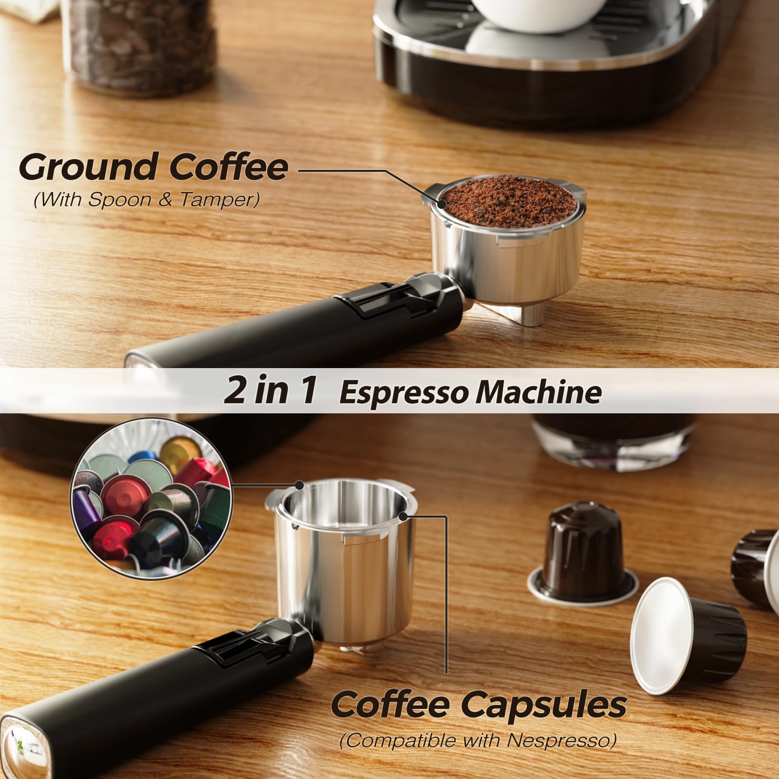 Kismile 20-Bar Professional Espresso Machine with Milk Frother & Capsule Compatibility - Removable Water Tank for Latte & Cappuccino (Black) | Perfect for Home Baristas & Coffee Lovers