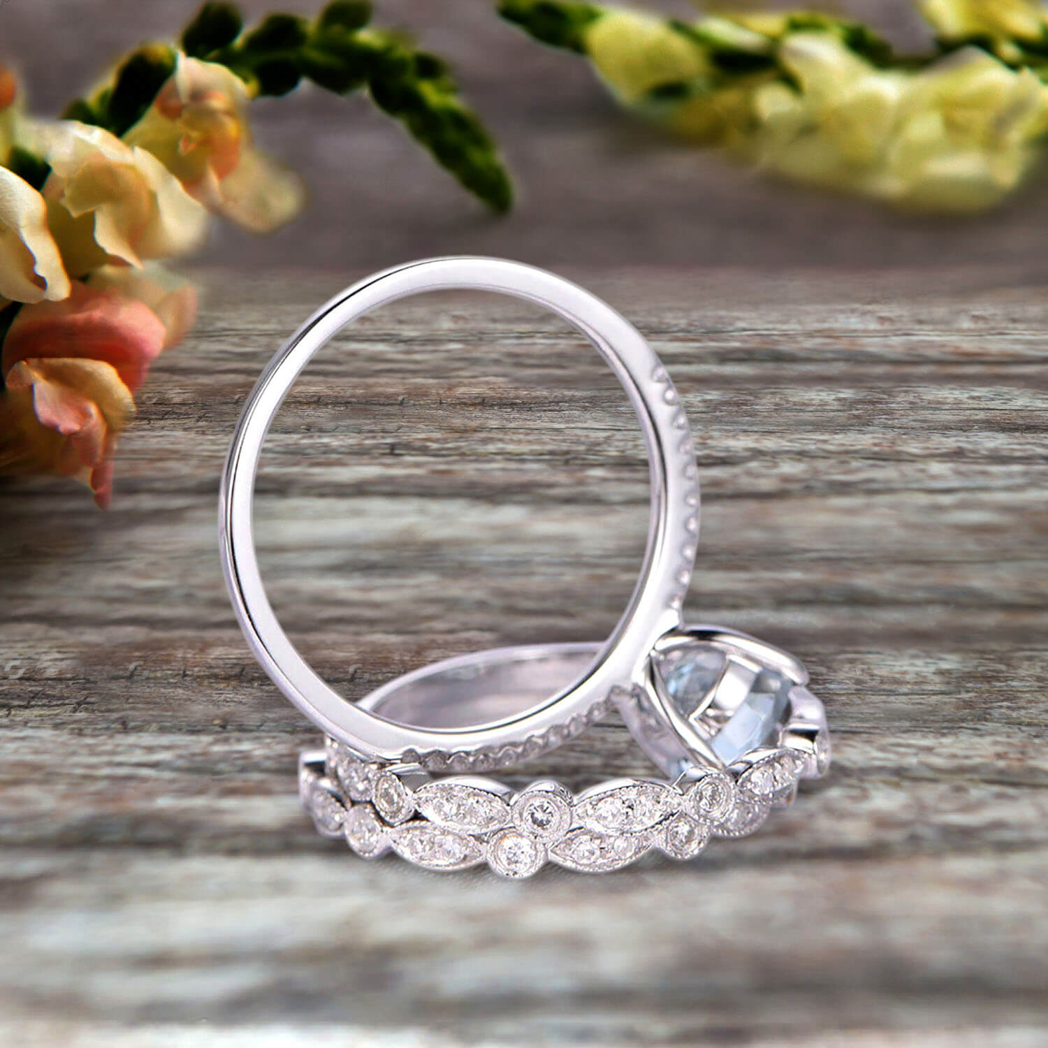 1.75 Carat 3-Piece Wedding Ring Set with Round Cut Aquamarine Engagement Ring in 10K White Gold - Art Deco Style for Bridal Jewelry, Anniversary Gifts & Special Occasions