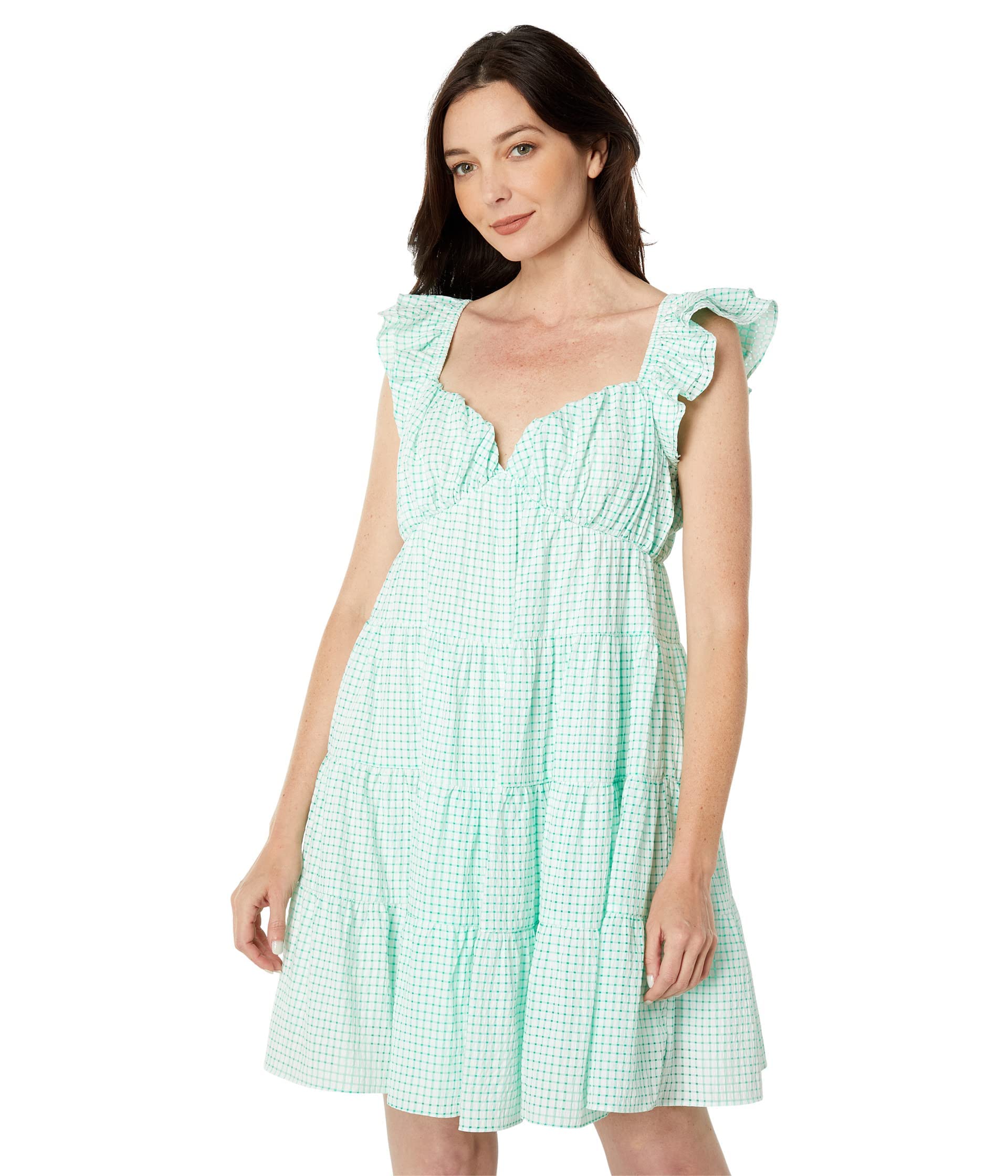 English Factory Gingham Printed Tiered Mini Dress - Floral Summer Dress for Women, Casual Party Wear, Beach Vacation Outfit