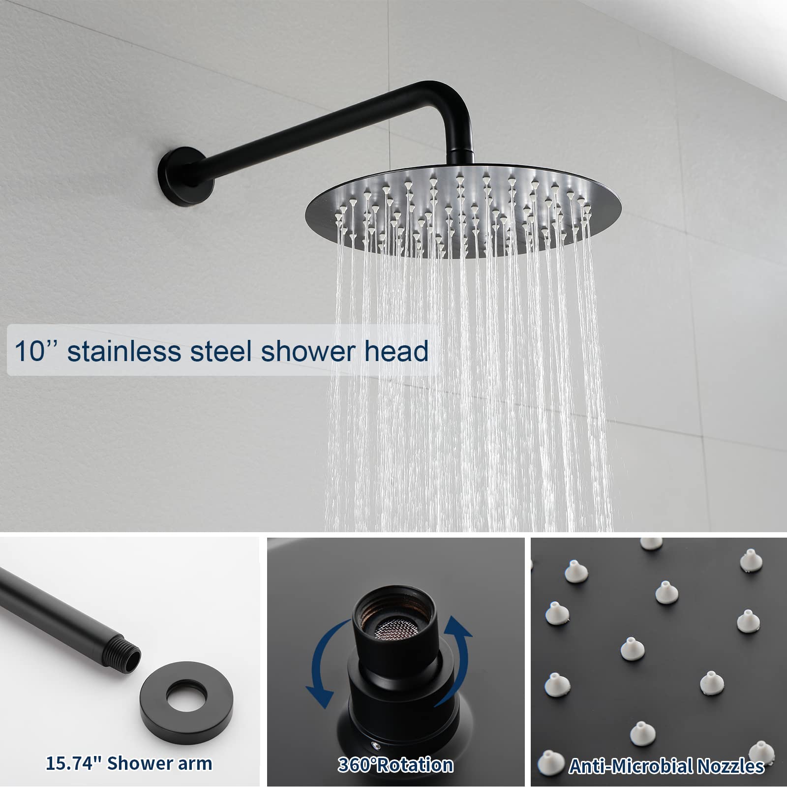 Matte Black Shower System - 10 Inch Stainless Steel Rainfall Shower Head with Rough-in Valve Trim Kit - Modern Bathroom Faucet Set for Luxury Spa Experience at Home