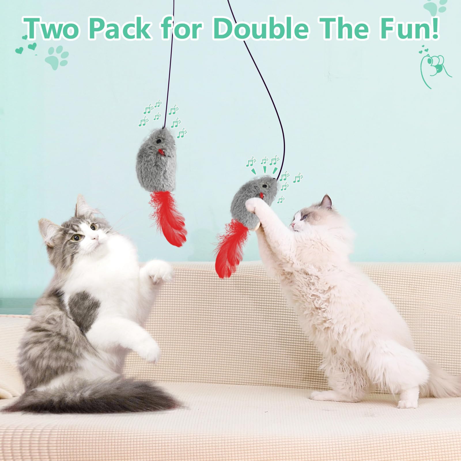 FYNIGO Self Play Cat Toys - 2 Pack Interactive Door Hanging Cat Mouse Toys with Squeaky Sound & Feather Tail - No Batteries Required - Indoor Cat Enrichment Toys for Bored Adult Cats - Perfect for Playtime, Exercise & Mental Stimulation