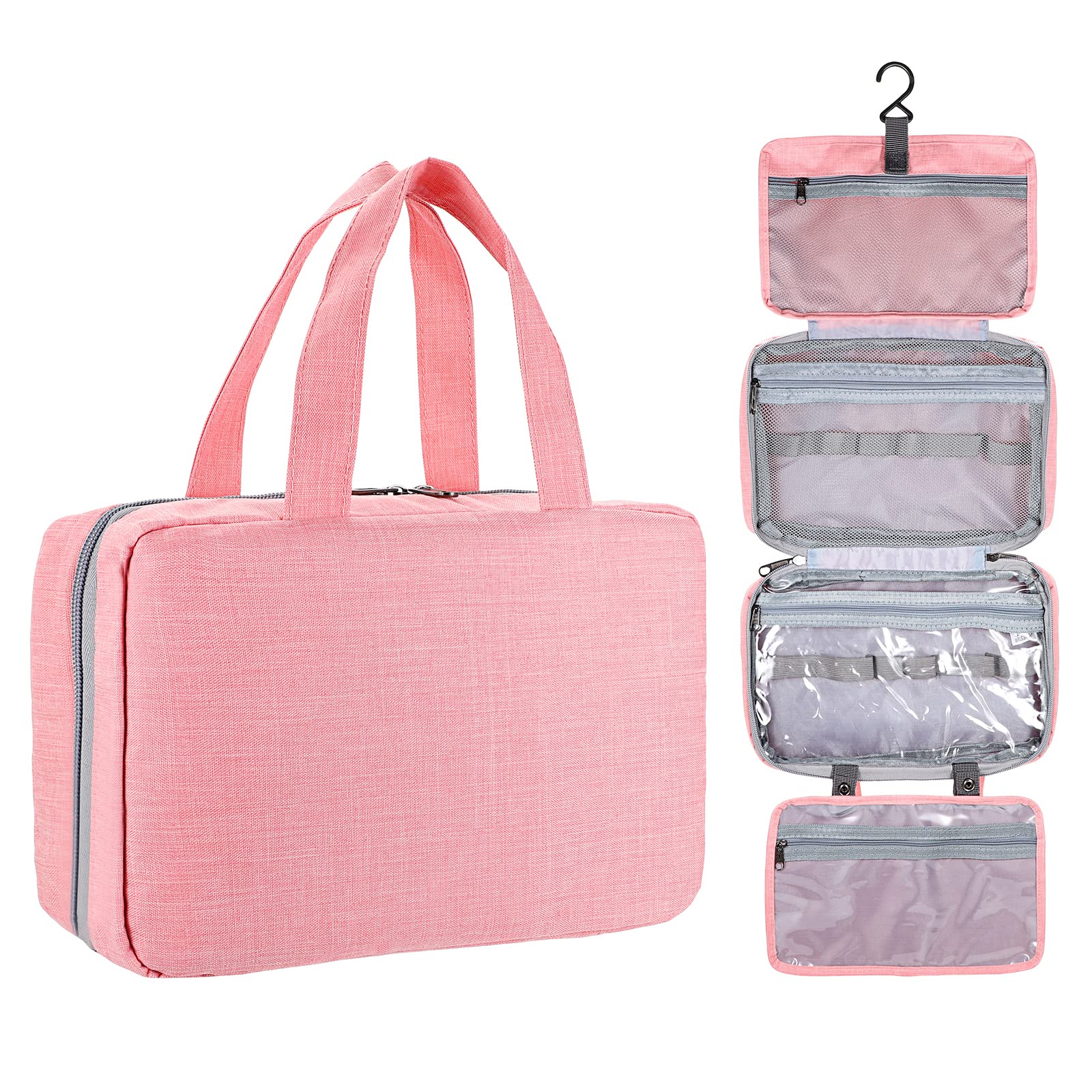 IGNPION Hanging Travel Toiletry Bag - Foldable Waterproof Cosmetic Organizer for Women & Men - 4 Compartments Makeup Shaving Gym Bag (Pink) - Perfect for Travel, Camping, and Daily Use