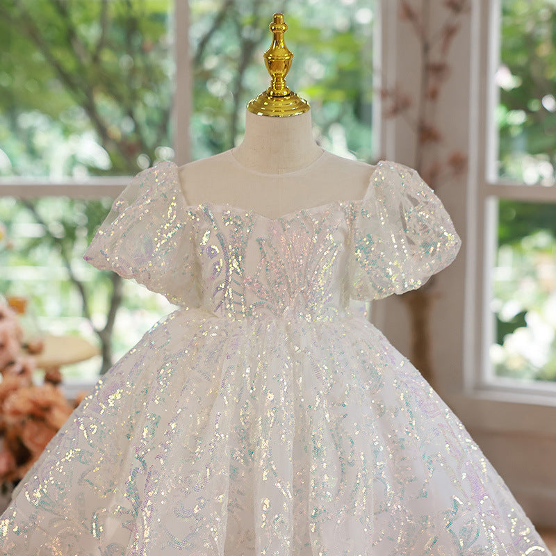 Sparkly White Sequin Flower Girl Dress with Round Neck & Puff Sleeves - Perfect for Weddings, Pageants & Special Occasions