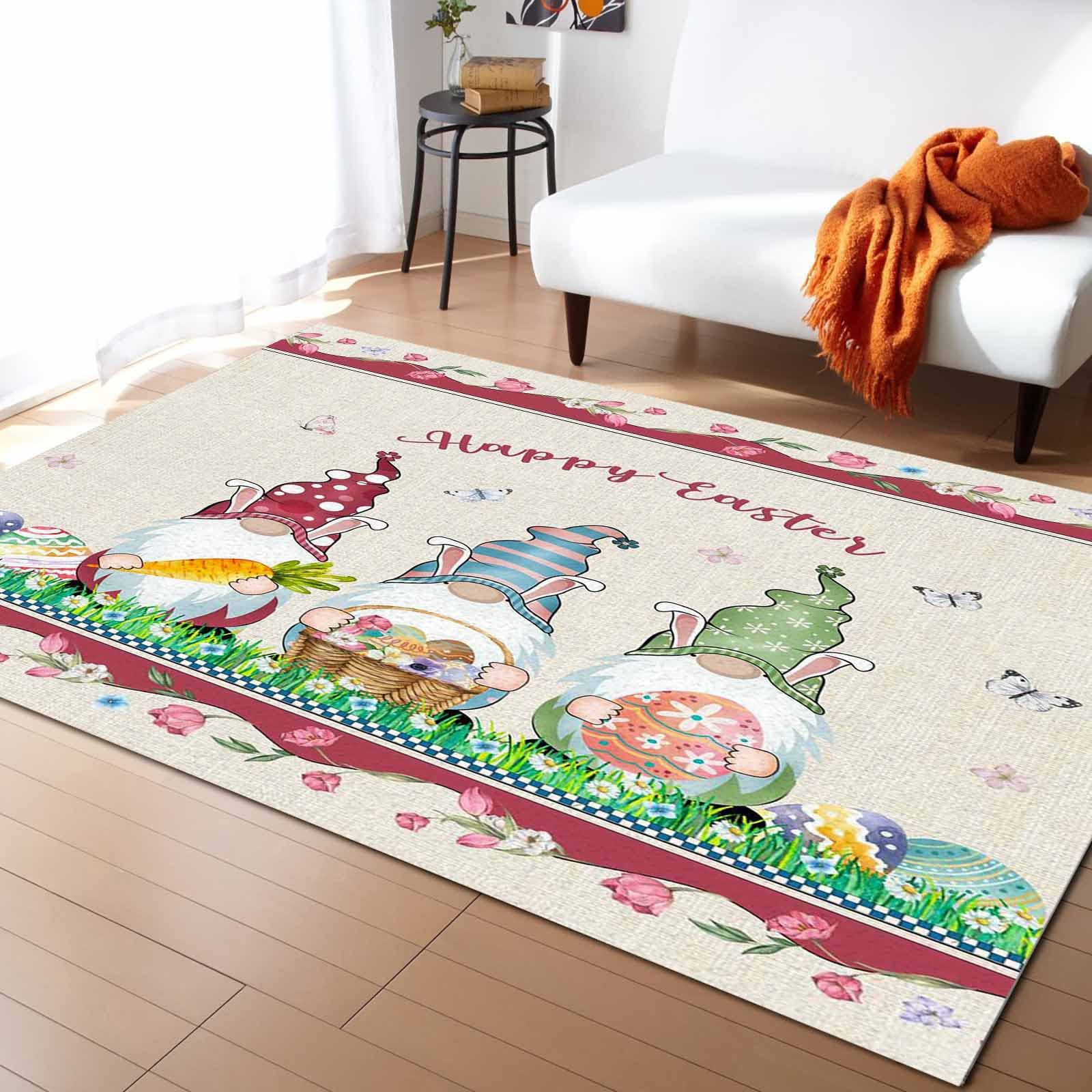 5'x8' Non-Slip Floral Area Rug - Tulip Flower Design for Living Room, Bedroom & Kitchen | Easter Spring Decor with Rustic Carrot & Gnome Motifs | Perfect as Front Porch Doormat, Bath Runner or Holiday Floor Mat