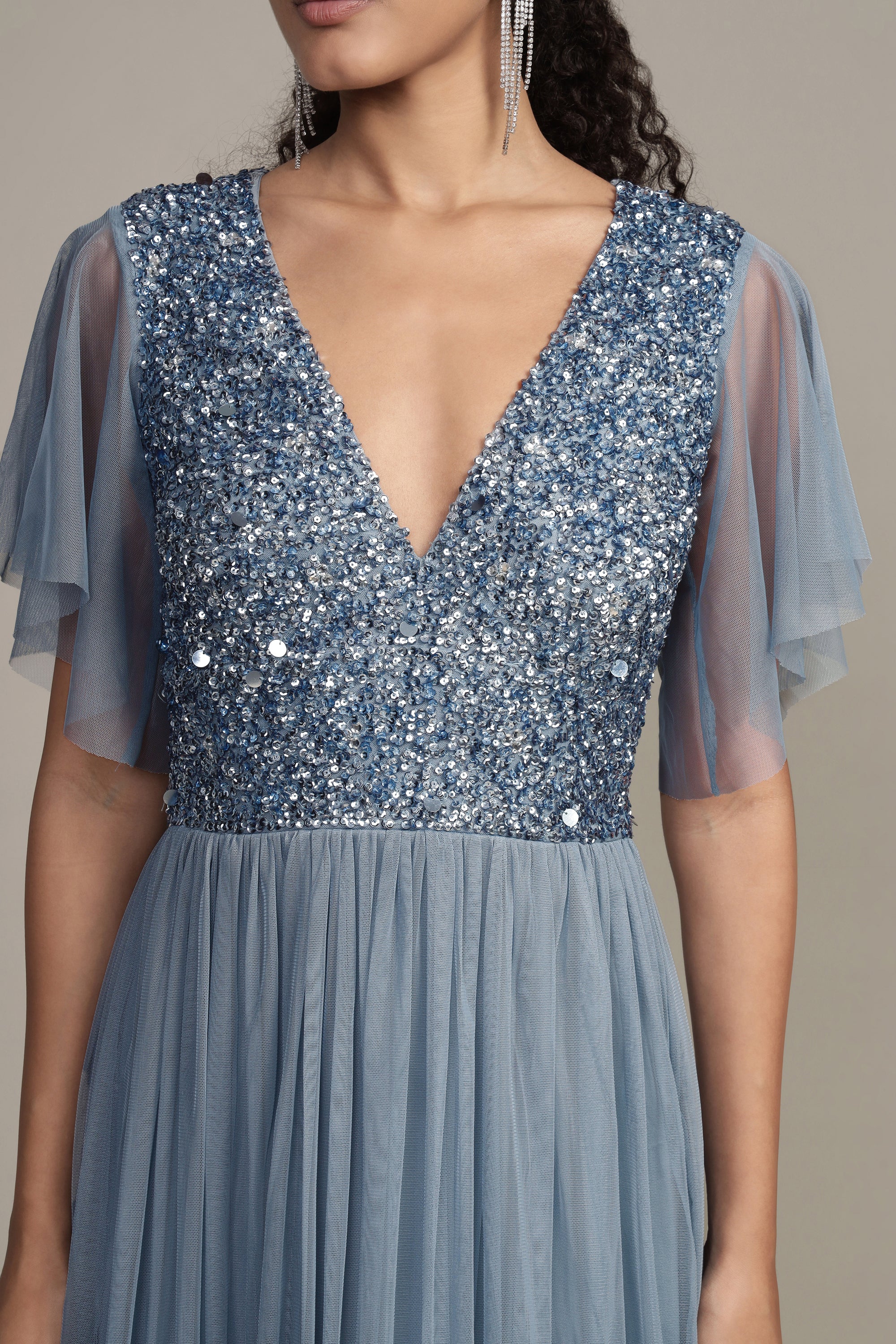 Elegant Maddie Embellished Midi Dress in Dusty Blue - Perfect for Weddings, Parties & Special Occasions