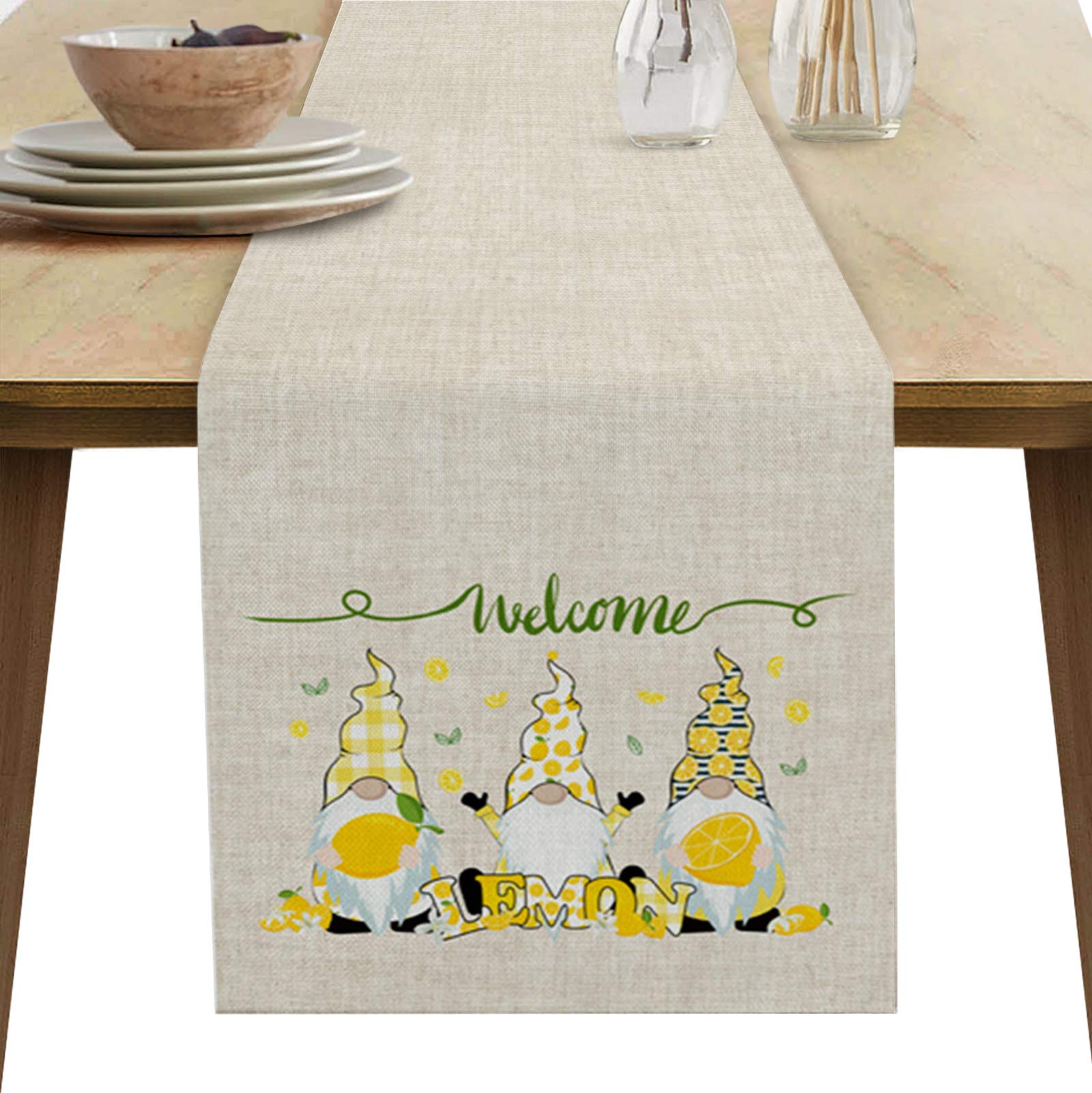 120 Inch Burlap Linen Table Runner with Lemon and Gnome Design - Summer Themed Long Tablecloth for Round, Kitchen, Coffee, Dining & End Tables - Perfect for Outdoor Picnics, Farmhouse Decor and Holiday Dining