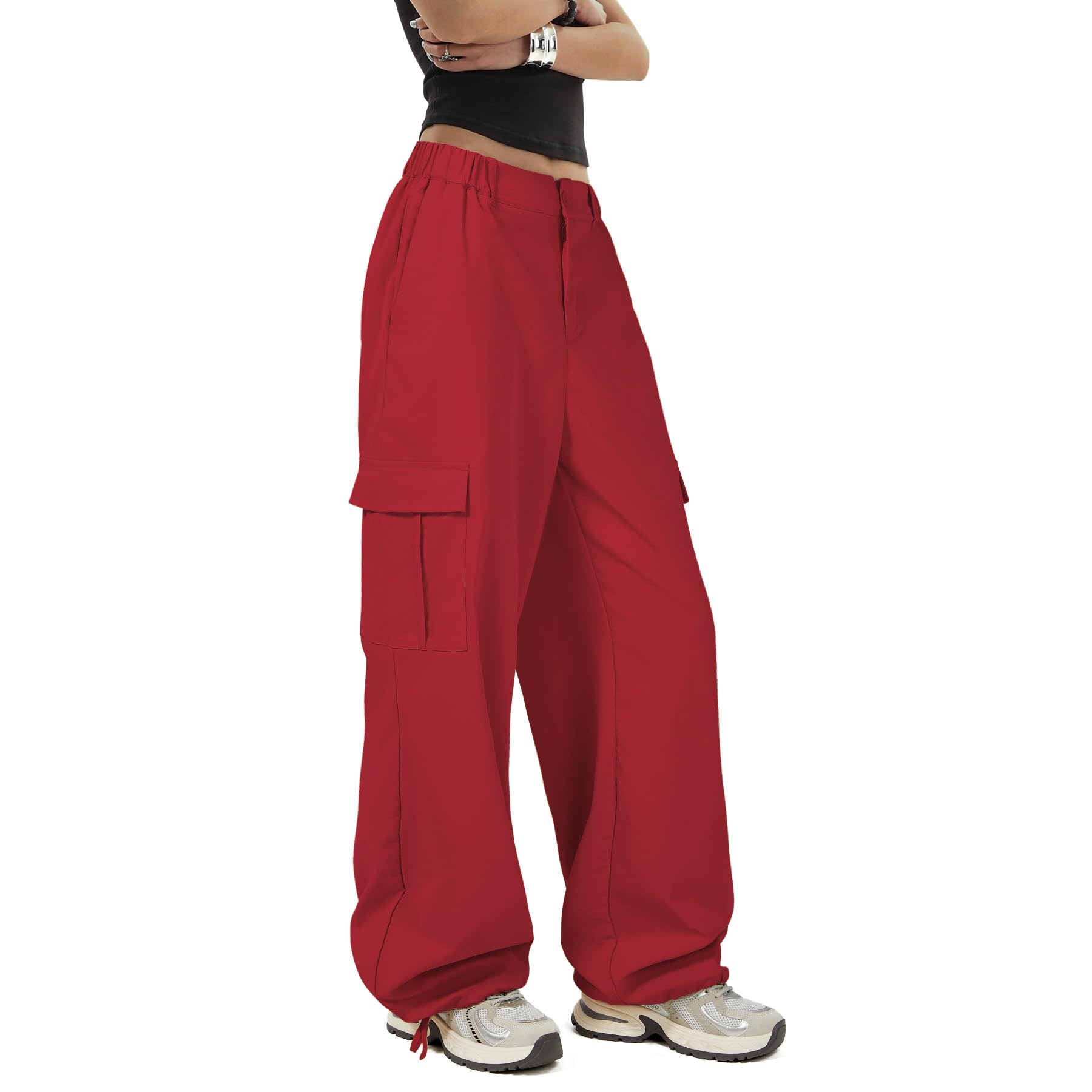Zando Women's Y2K Baggy Cargo Pants - Stretchy High Waist Parachute Pants with Pockets | Trendy Wide Leg Trousers for Casual Wear, Street Style & Outdoor Activities