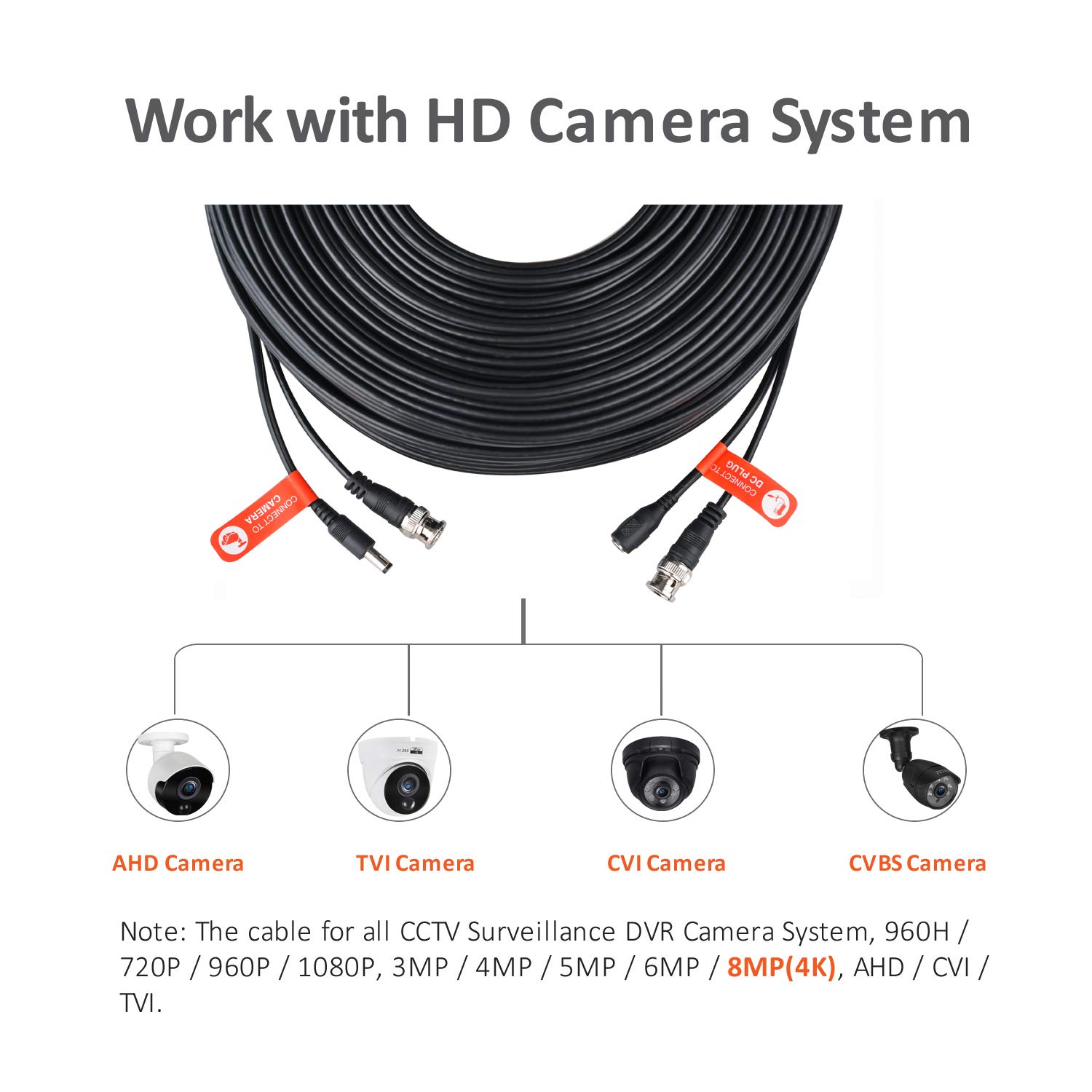 300Ft 91 Meters 4K 8MP Pre-Made BNC Security Camera Cable - All-in-One RG59 Extension Wire for CCTV, DVR Systems, Bullet & Dome Analog Cameras - Perfect for Home Surveillance, Business Security & Outdoor Monitoring