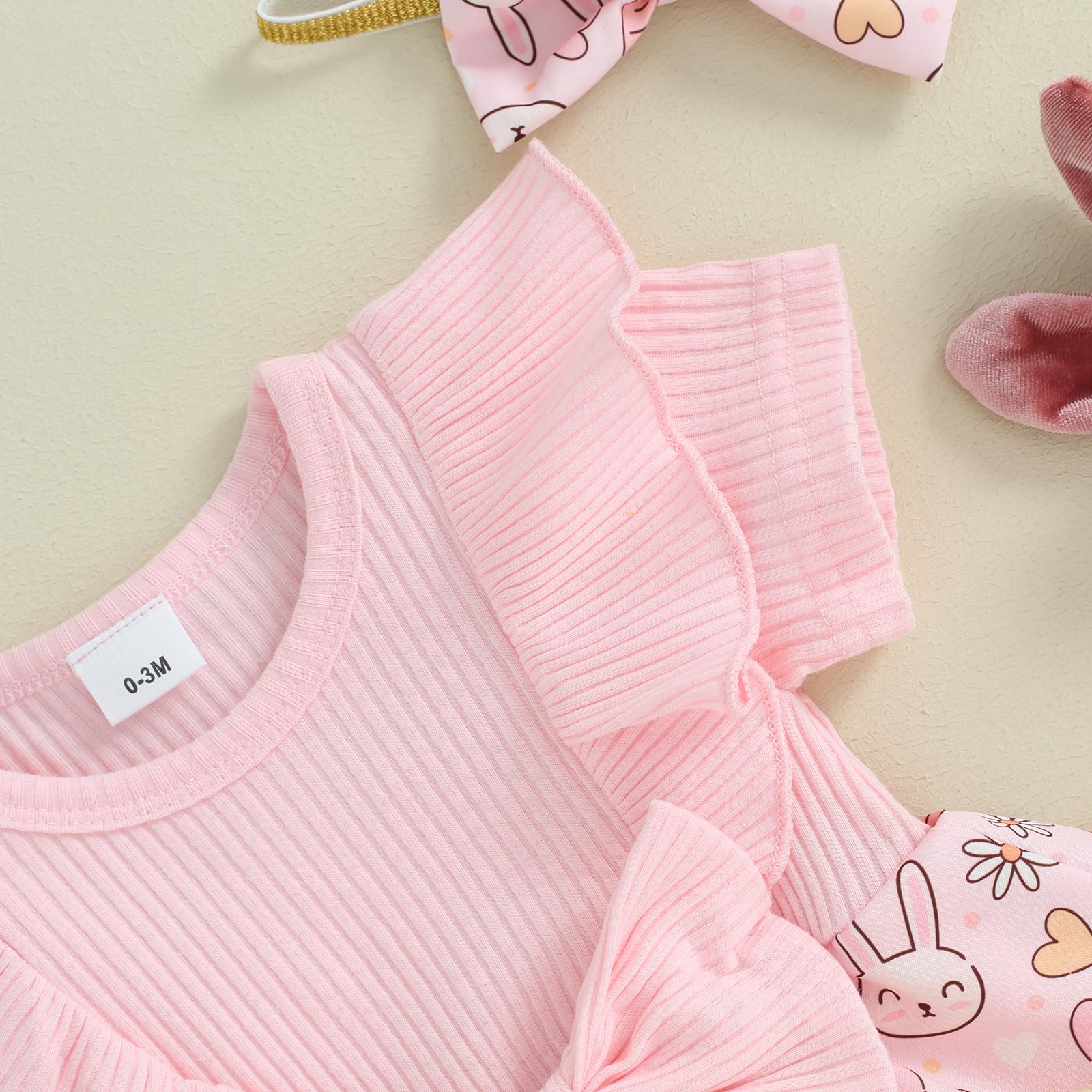 Karuedoo Newborn Baby Girl Easter Romper Dress - Ruffle Short Sleeve Bunny & Eggs Print Jumpsuit Bodysuit with Headband - Perfect for Easter Photos, Spring Outfits & Baby Showers